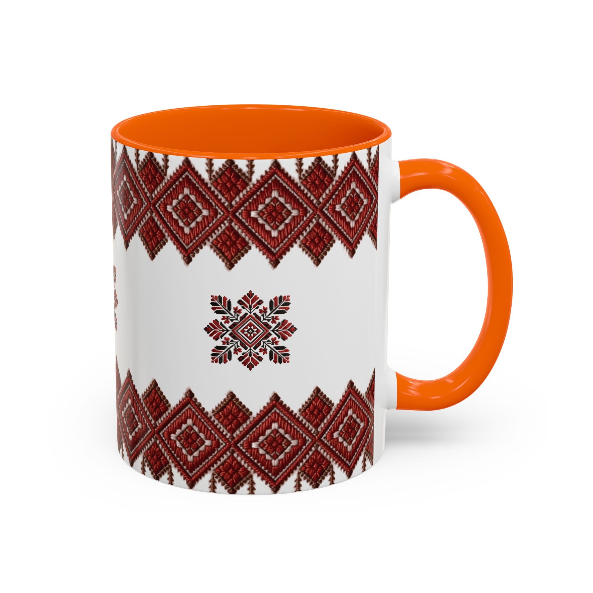 Embroidered Folk Pattern Accent Coffee Mug — Red Ukrainian-Inspired Design (11/15oz)