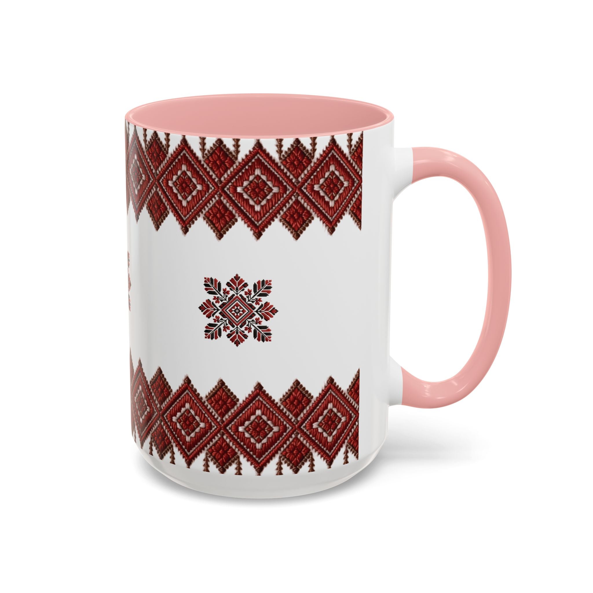 Embroidered Folk Pattern Accent Coffee Mug — Red Ukrainian-Inspired Design (11/15oz)