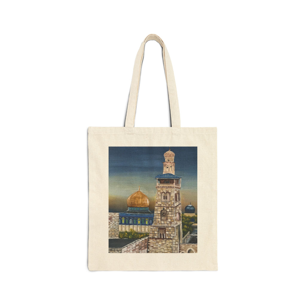 Joud || Canvas Tote Bag – Dome of the Rock & Jerusalem Minaret Tower Vintage Art Print | Old City Skyline | Cultural Heritage Carry Bag