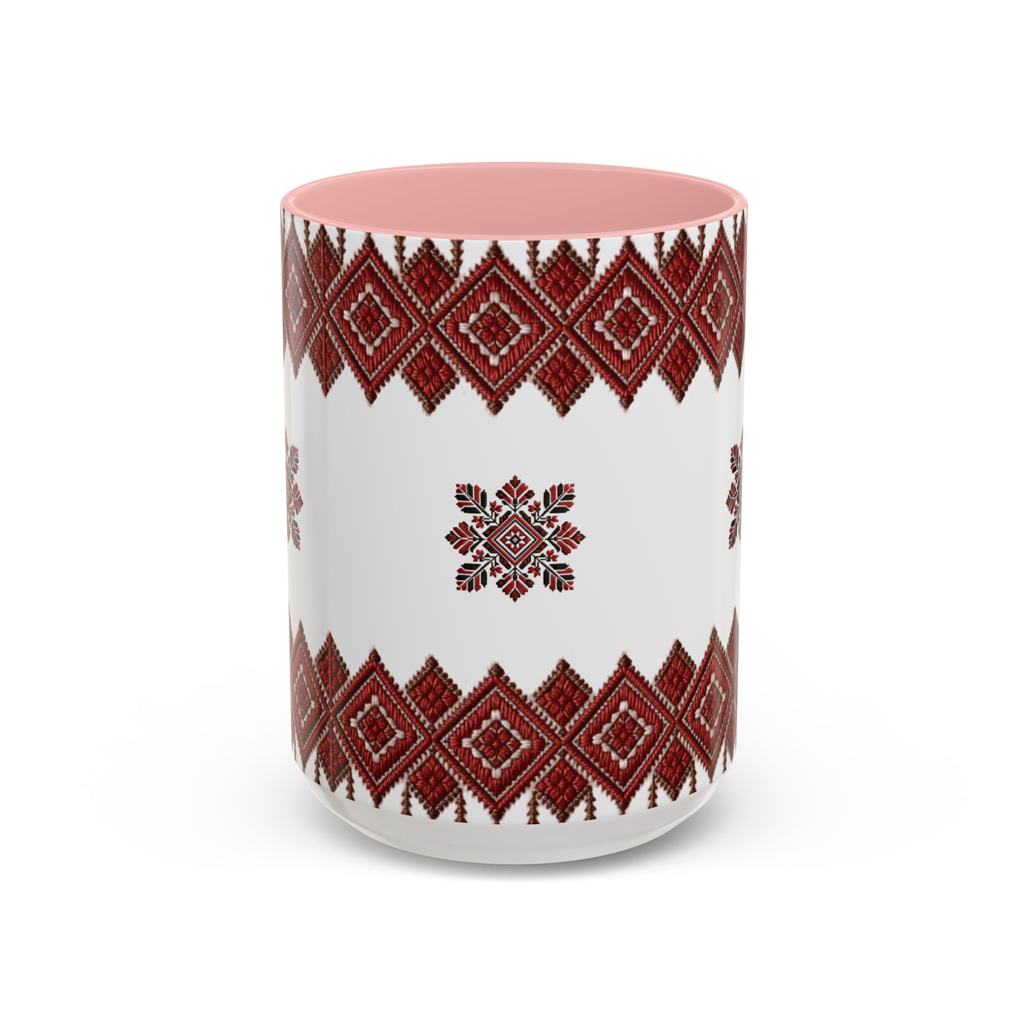 Embroidered Folk Pattern Accent Coffee Mug — Red Ukrainian-Inspired Design (11/15oz)