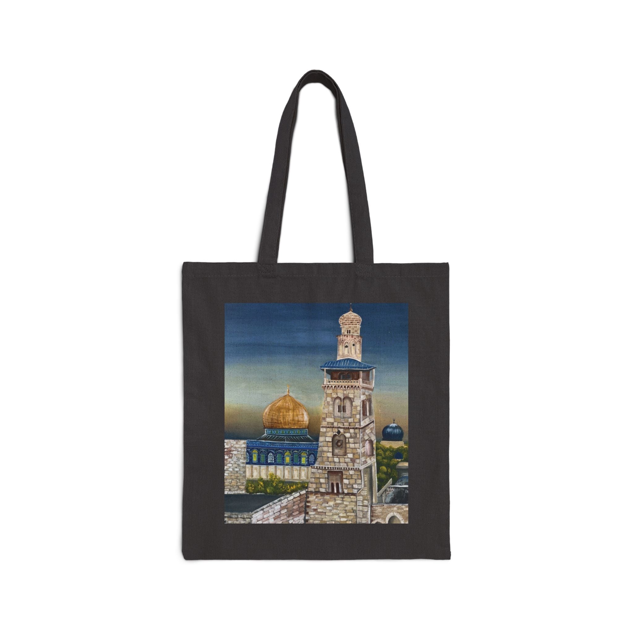 Joud || Canvas Tote Bag – Dome of the Rock & Jerusalem Minaret Tower Vintage Art Print | Old City Skyline | Cultural Heritage Carry Bag