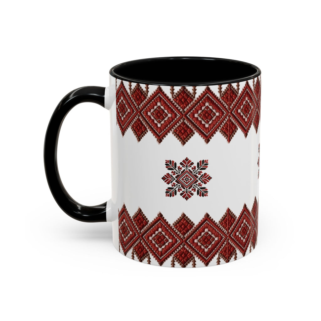Embroidered Folk Pattern Accent Coffee Mug — Red Ukrainian-Inspired Design (11/15oz)