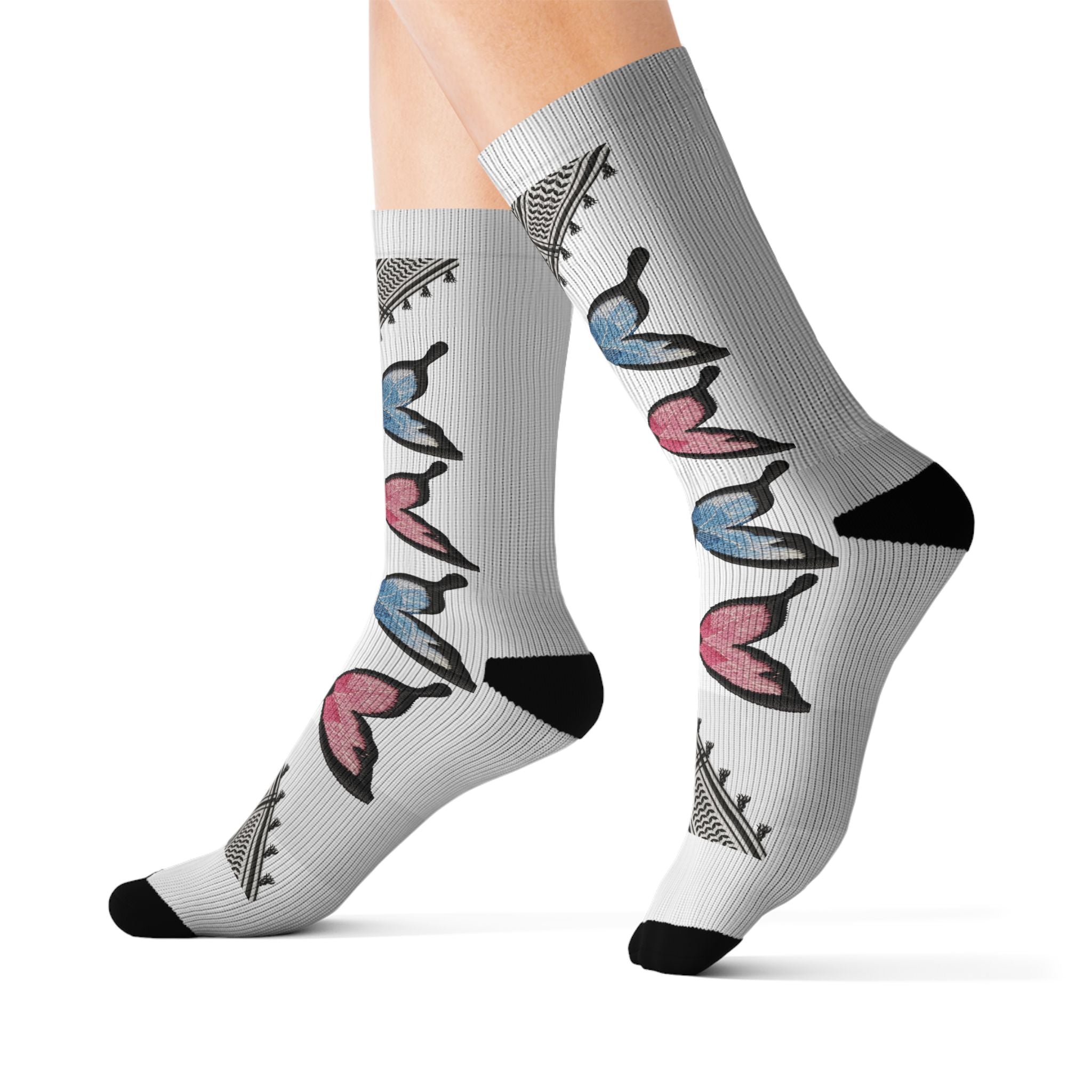 Pali-G | Palestinian Butterfly & Keffiyeh Socks – Colorful Freedom Art Print | Unisex Crew Socks | Cultural Heritage