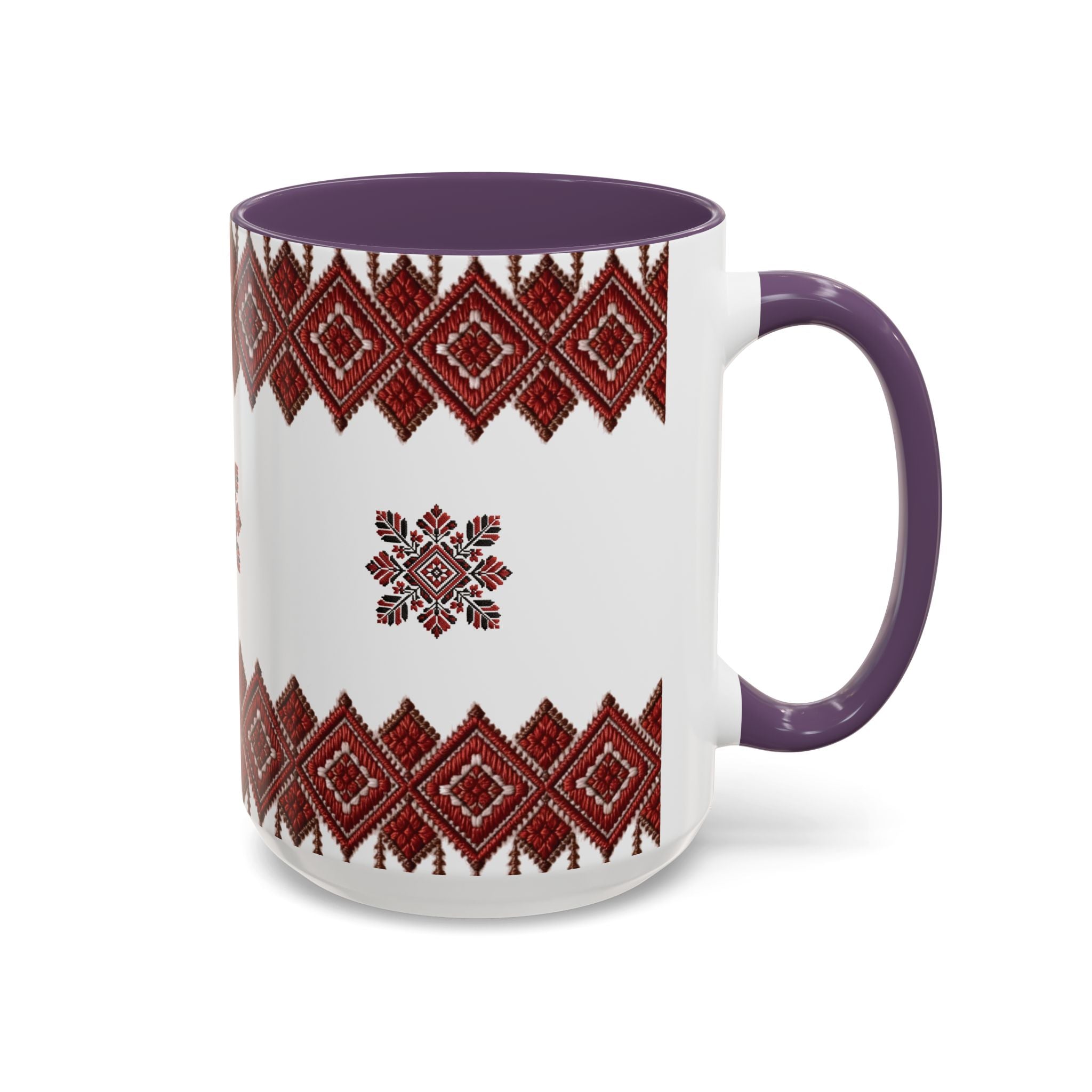 Embroidered Folk Pattern Accent Coffee Mug — Red Ukrainian-Inspired Design (11/15oz)