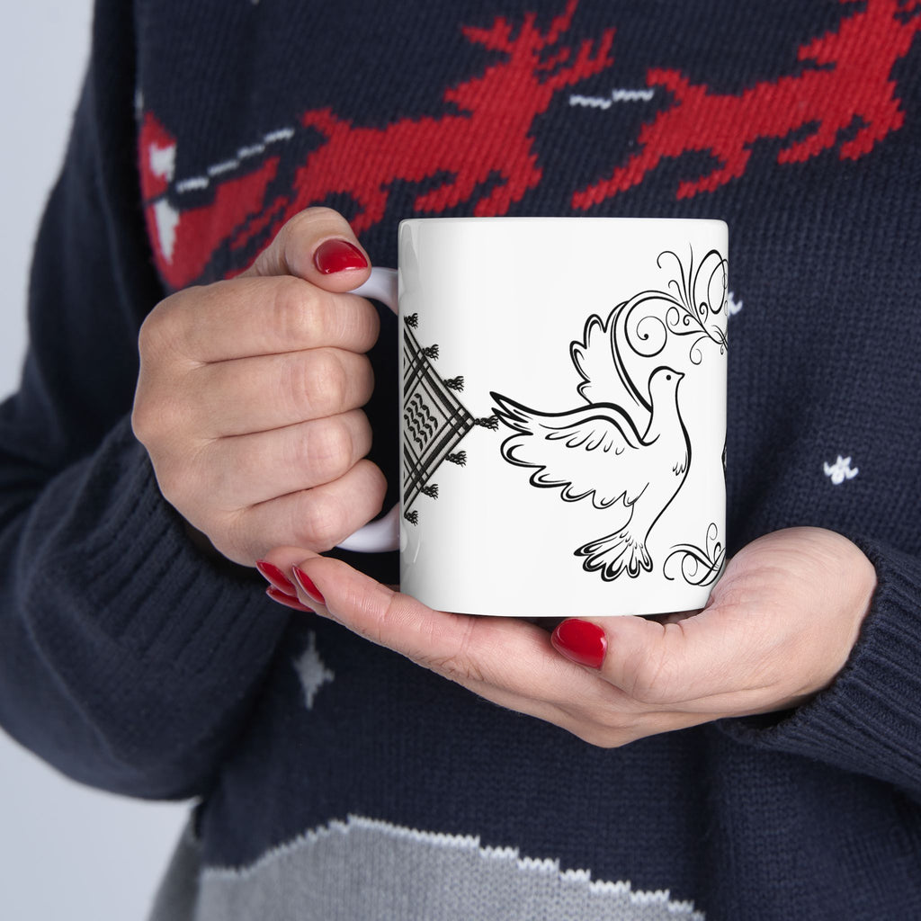 Palestine Map Doves Ceramic Mug (11oz/15oz) — Hand‑drawn Olive Branch Design