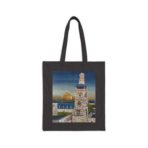 Joud || Canvas Tote Bag – Dome of the Rock & Jerusalem Minaret Tower Vintage Art Print | Old City Skyline | Cultural Heritage Carry Bag