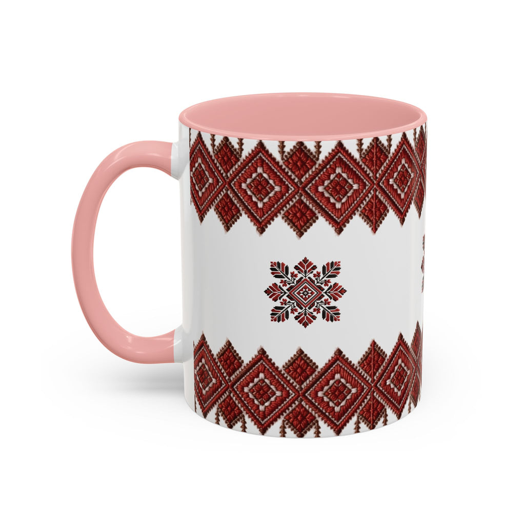 Embroidered Folk Pattern Accent Coffee Mug — Red Ukrainian-Inspired Design (11/15oz)