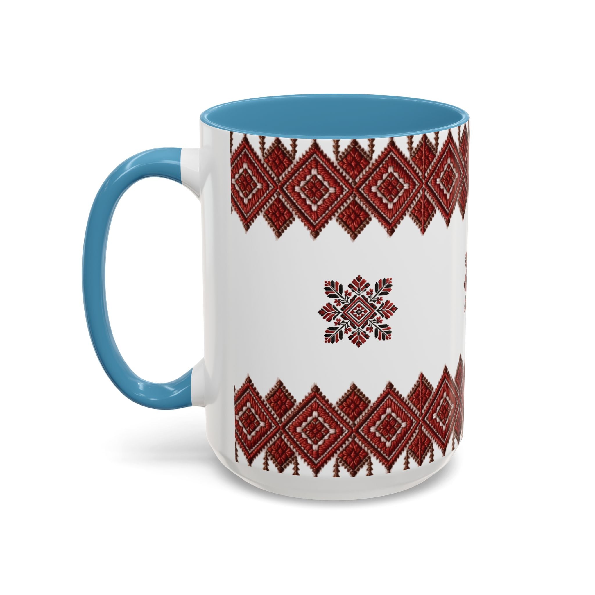 Embroidered Folk Pattern Accent Coffee Mug — Red Ukrainian-Inspired Design (11/15oz)