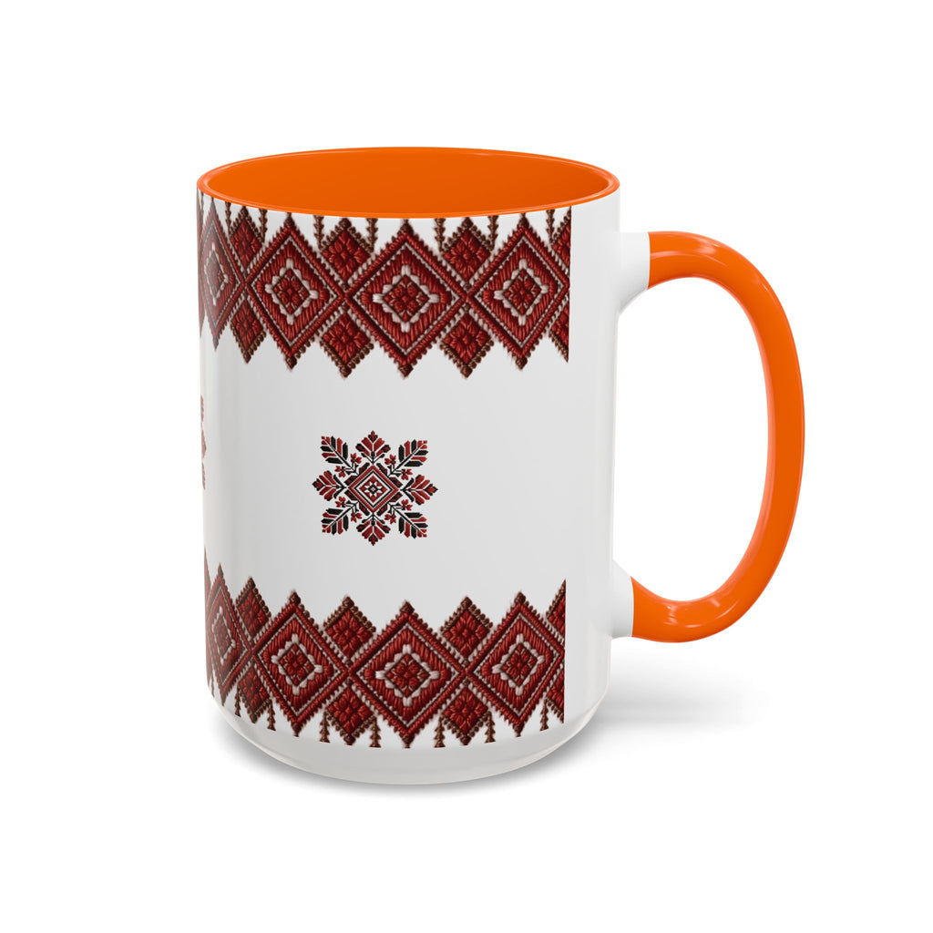 Embroidered Folk Pattern Accent Coffee Mug — Red Ukrainian-Inspired Design (11/15oz)