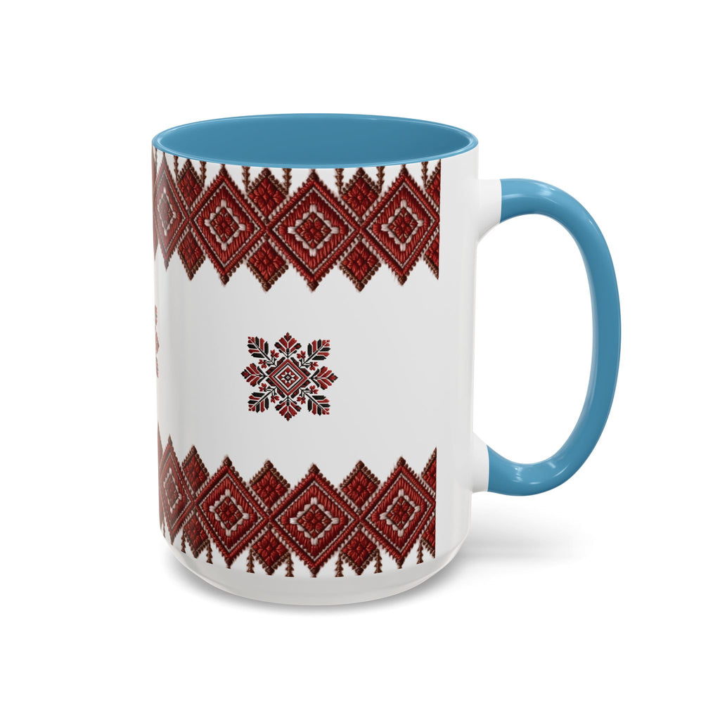 Embroidered Folk Pattern Accent Coffee Mug — Red Ukrainian-Inspired Design (11/15oz)