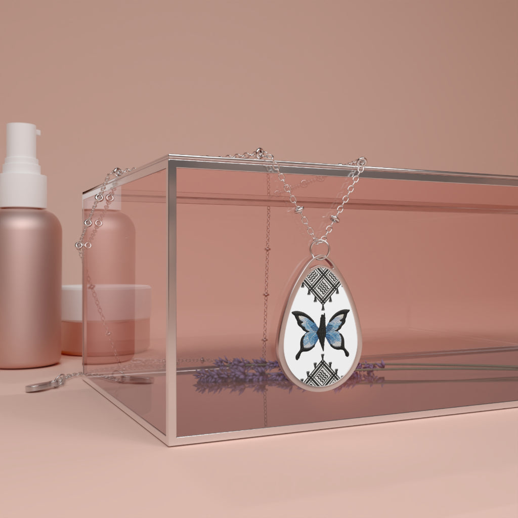 Pali-G || Silberne ovale Schmetterlingskette — Blauer Schmetterling Tropfen-Anhänger Schmuck Geschenk