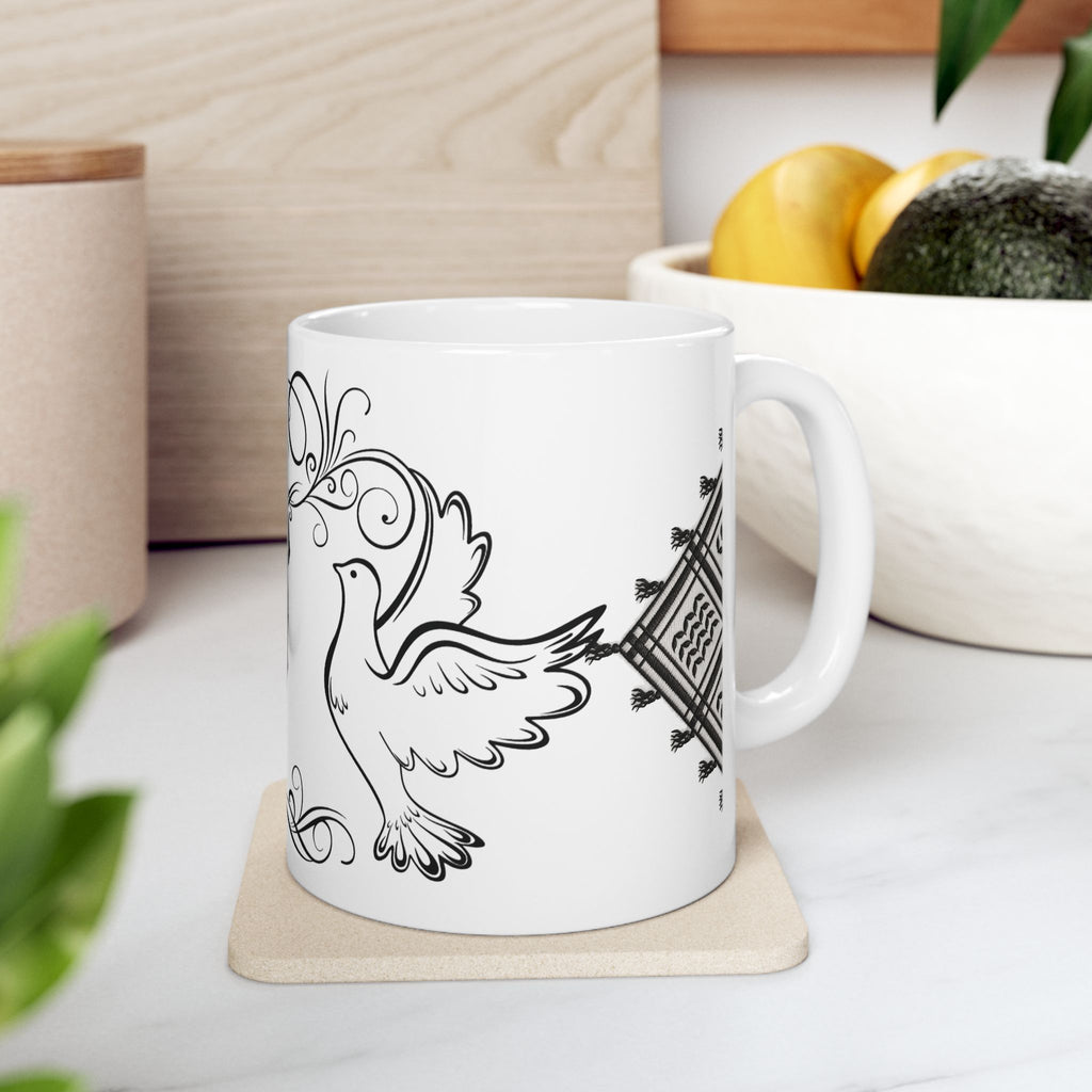 Palestine Map Doves Ceramic Mug (11oz/15oz) — Hand‑drawn Olive Branch Design