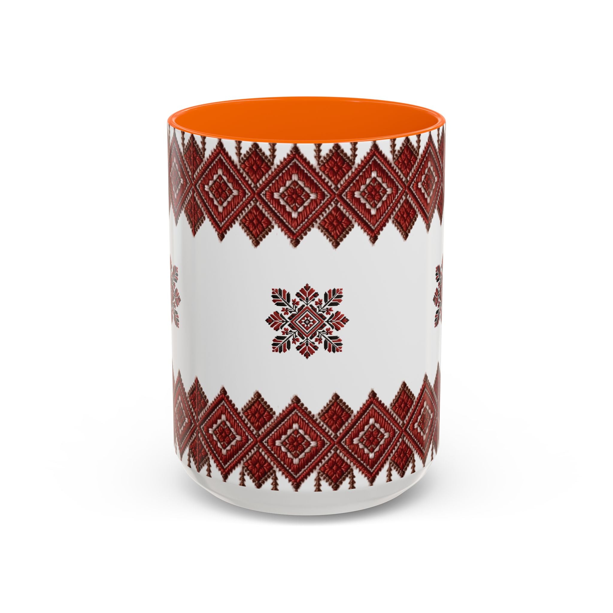 Embroidered Folk Pattern Accent Coffee Mug — Red Ukrainian-Inspired Design (11/15oz)