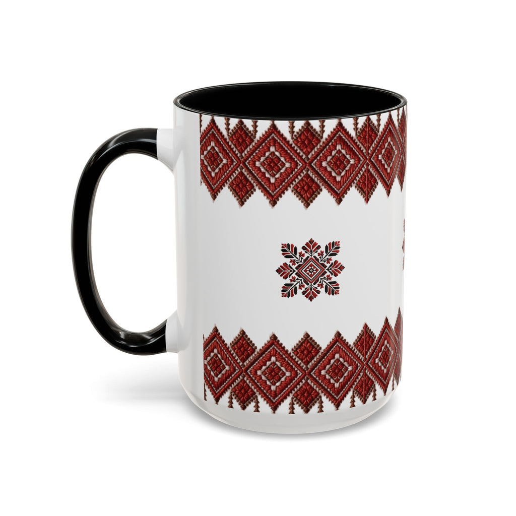Embroidered Folk Pattern Accent Coffee Mug — Red Ukrainian-Inspired Design (11/15oz)