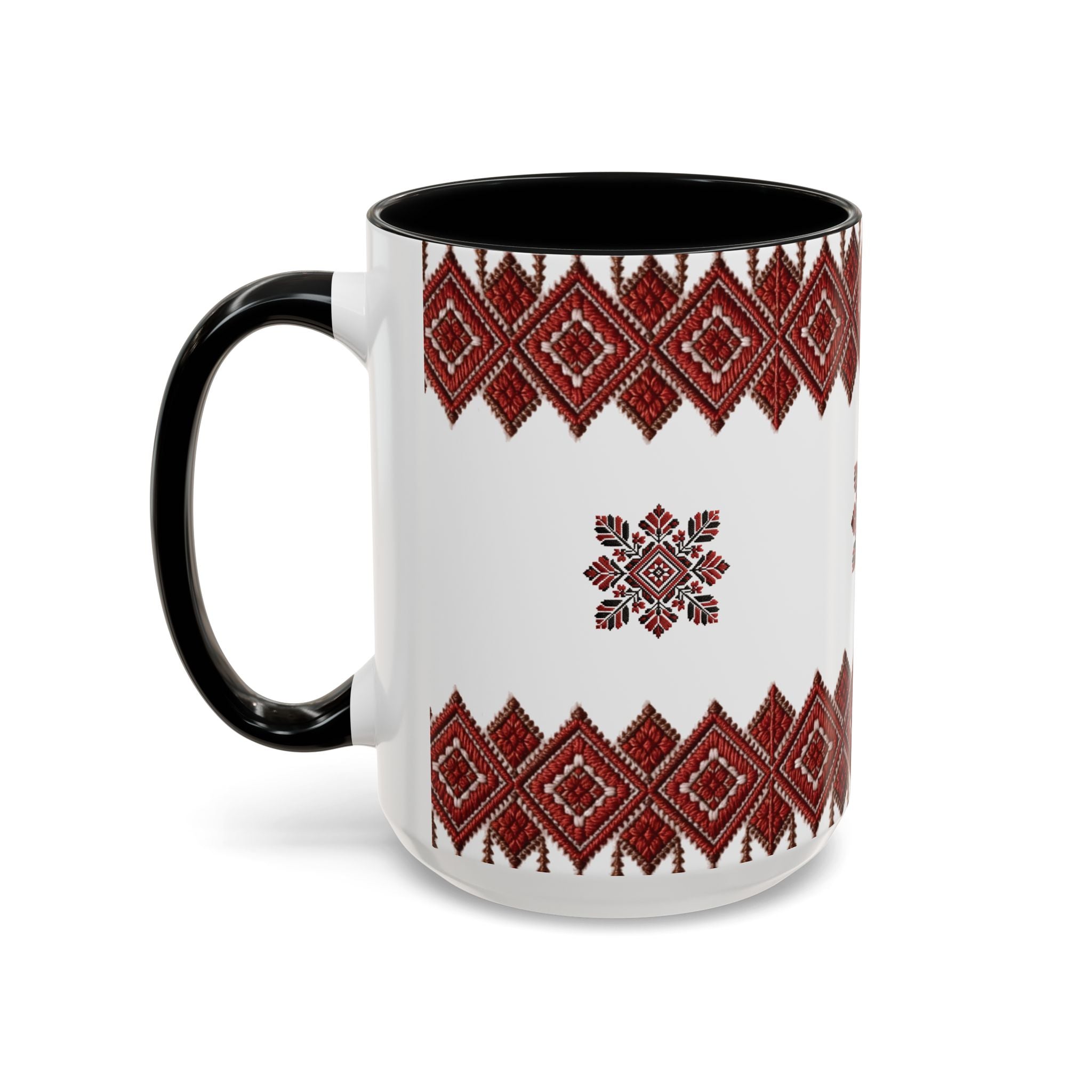 Embroidered Folk Pattern Accent Coffee Mug — Red Ukrainian-Inspired Design (11/15oz)