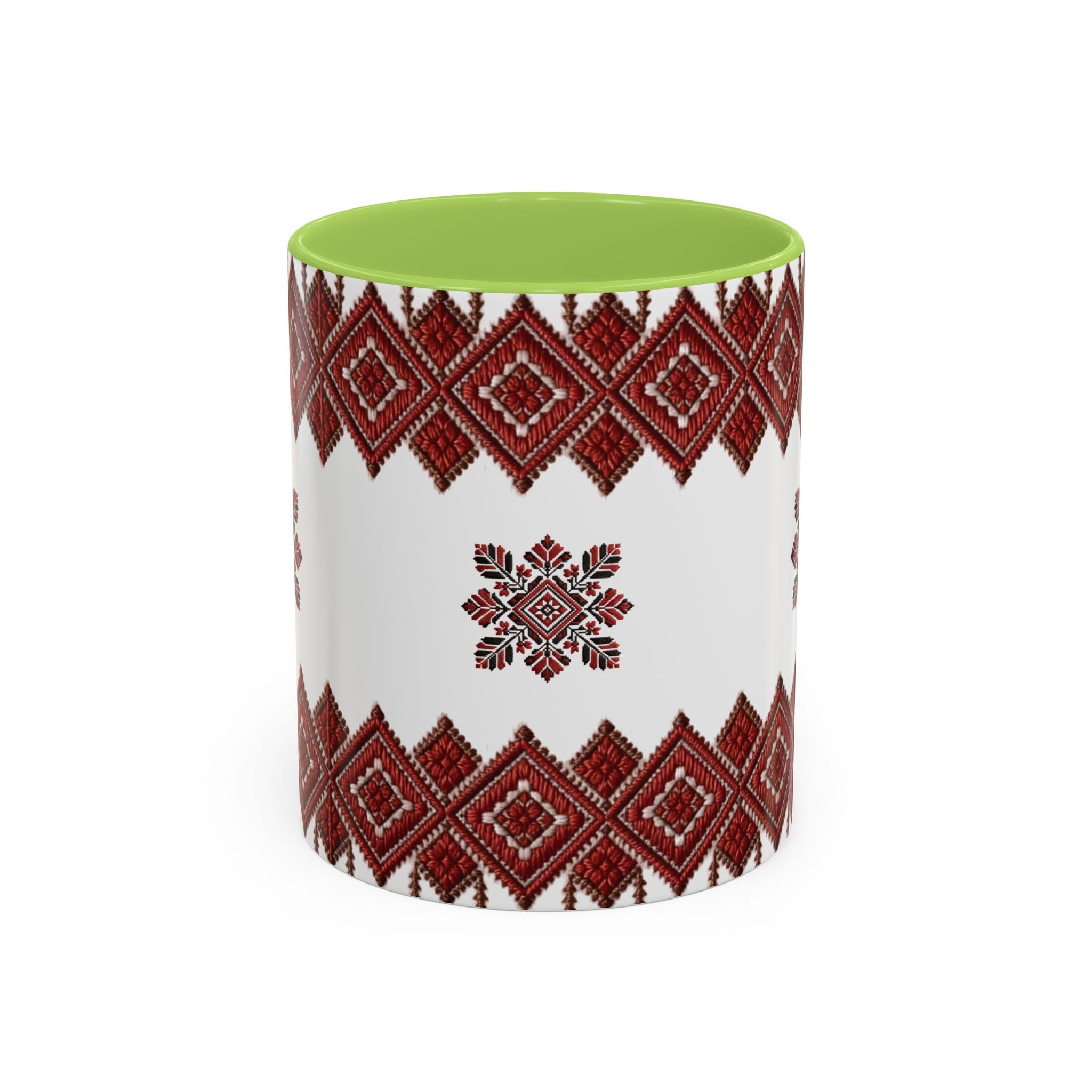 Embroidered Folk Pattern Accent Coffee Mug — Red Ukrainian-Inspired Design (11/15oz)