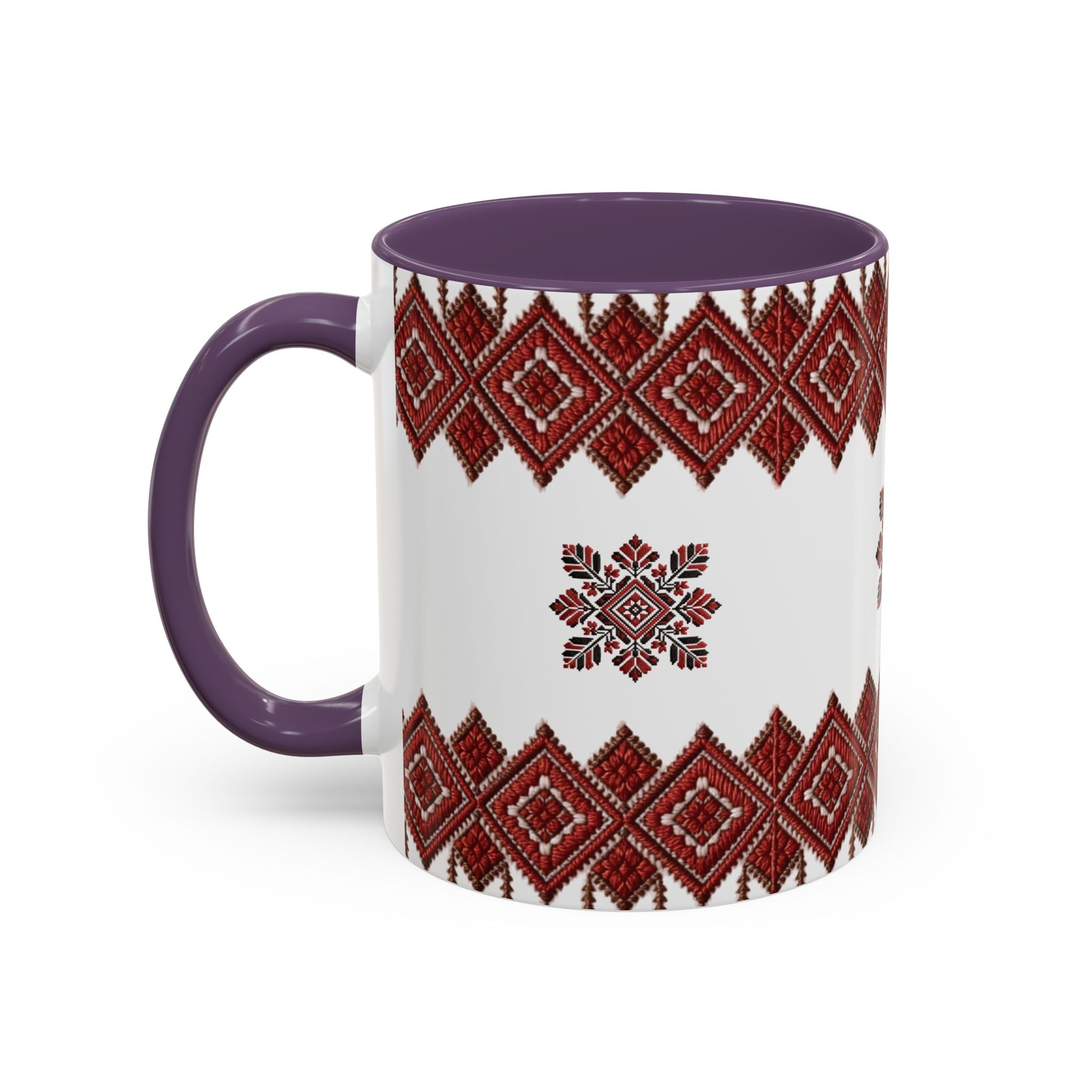 Embroidered Folk Pattern Accent Coffee Mug — Red Ukrainian-Inspired Design (11/15oz)