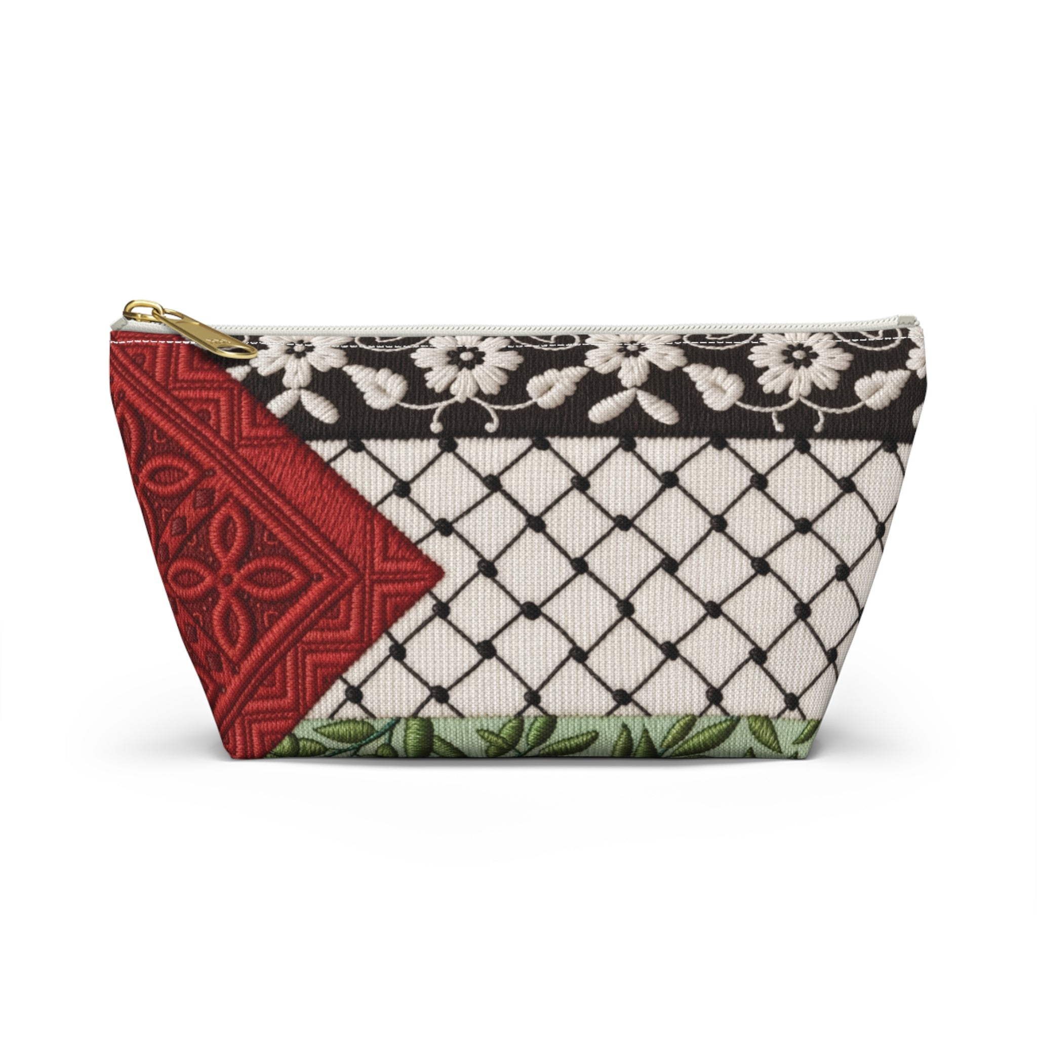 Pali-G | Palestinian Embroidery Pouch – Keffiyeh & Floral Tatreez Art Print | Makeup & Accessory Bag | Cultural Heritage Zipper Pouch