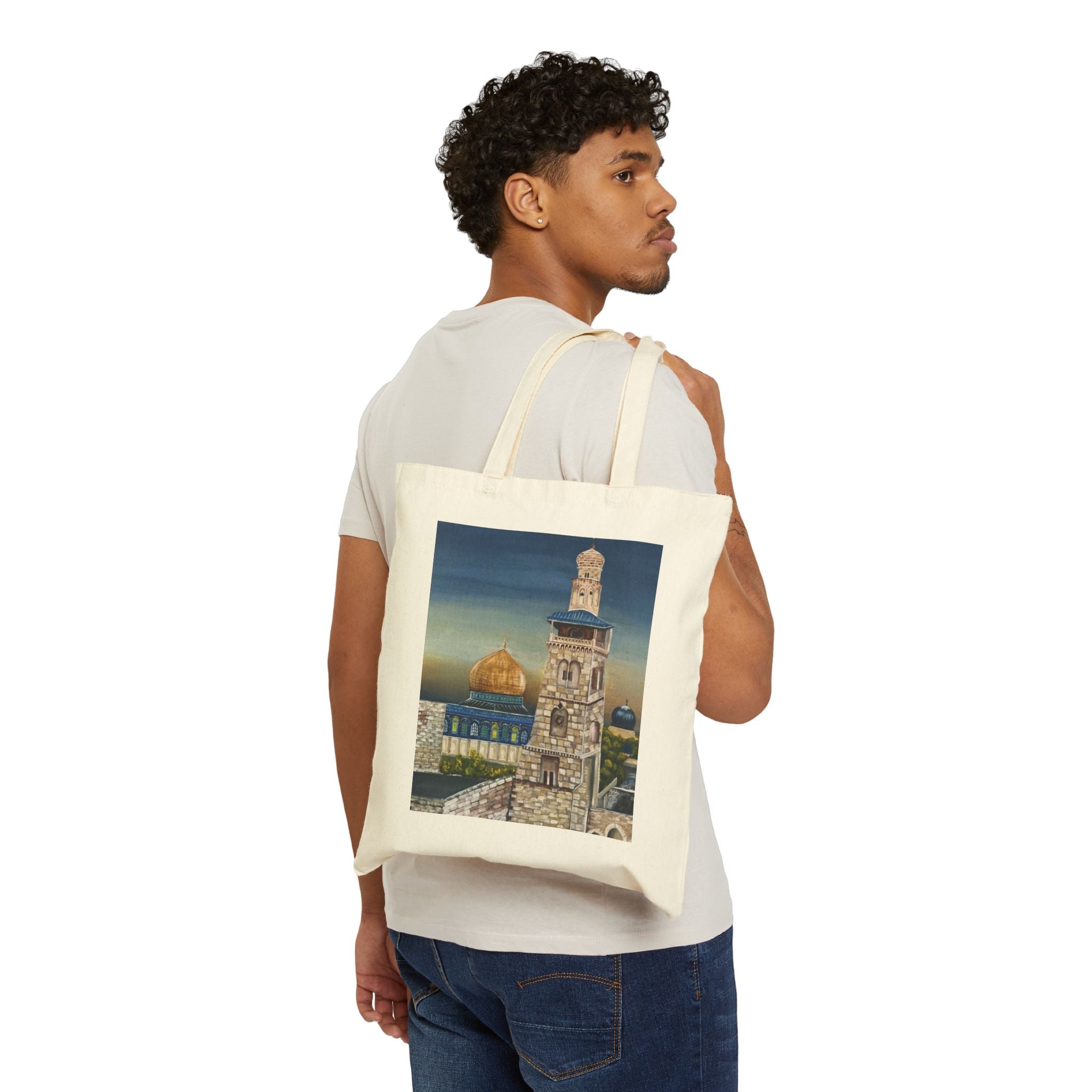 Joud || Canvas Tote Bag – Dome of the Rock & Jerusalem Minaret Tower Vintage Art Print | Old City Skyline | Cultural Heritage Carry Bag