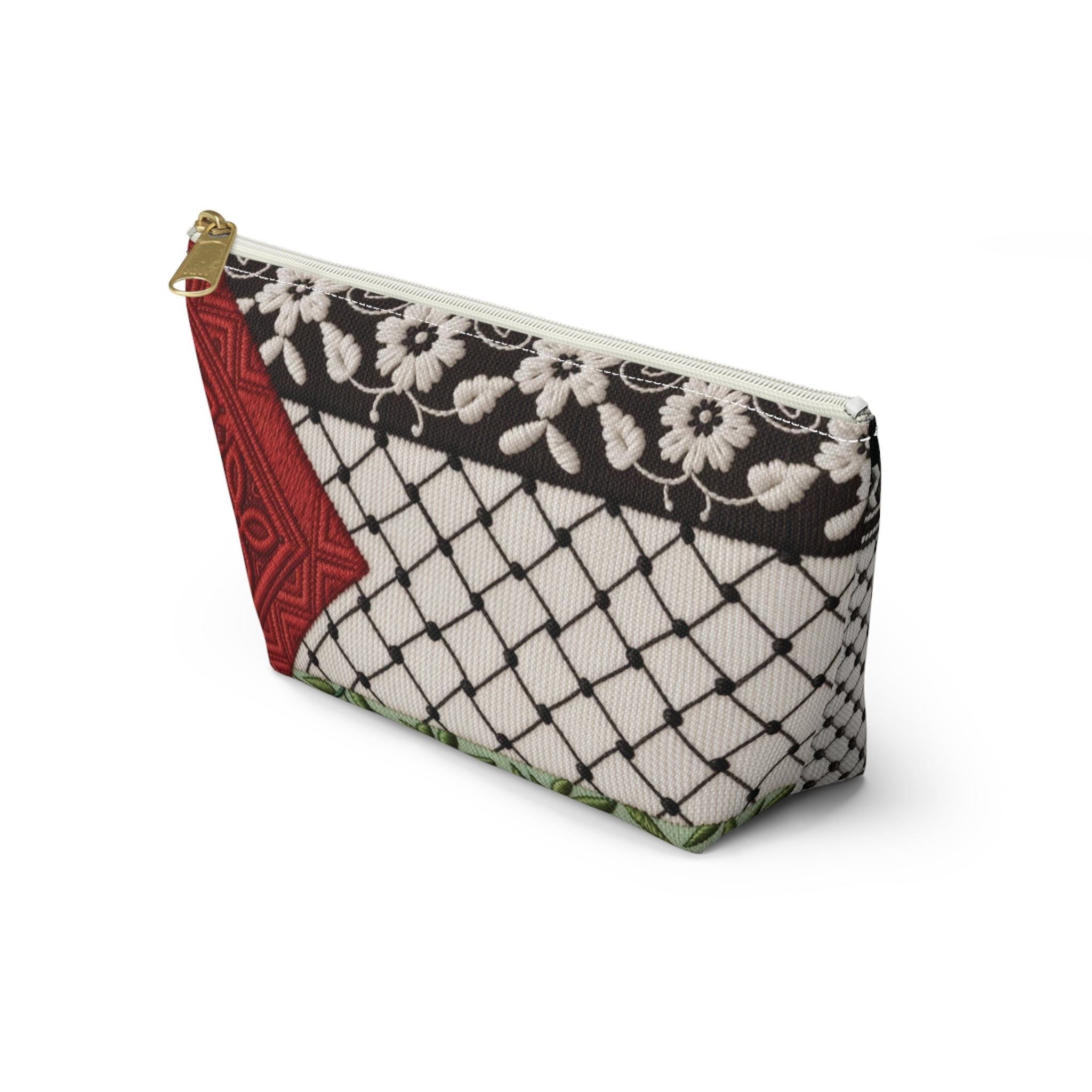 Pali-G | Palestinian Embroidery Pouch – Keffiyeh & Floral Tatreez Art Print | Makeup & Accessory Bag | Cultural Heritage Zipper Pouch