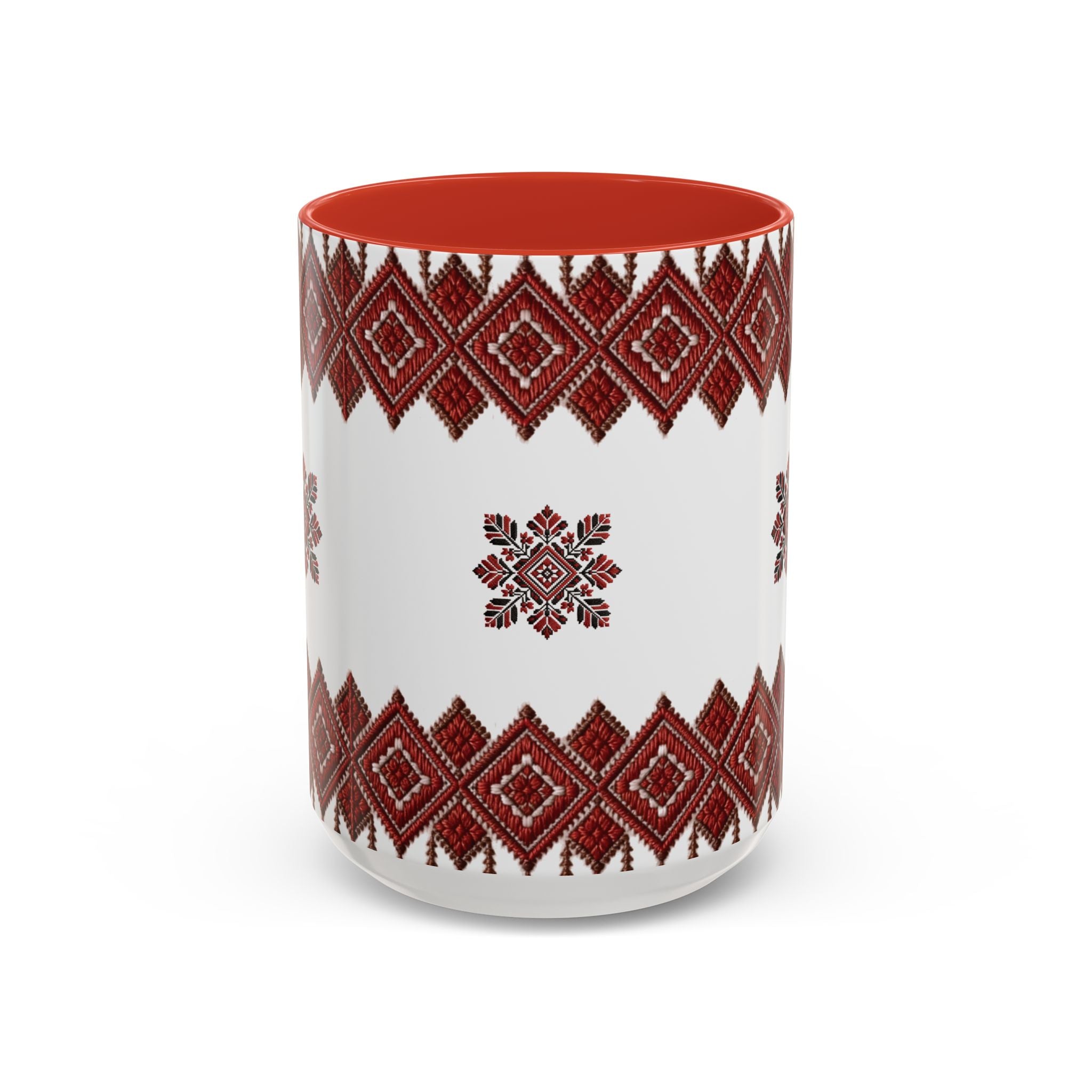 Embroidered Folk Pattern Accent Coffee Mug — Red Ukrainian-Inspired Design (11/15oz)