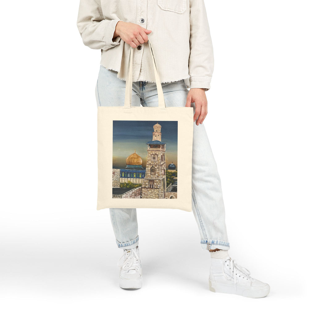 Joud || Canvas Tote Bag – Dome of the Rock & Jerusalem Minaret Tower Vintage Art Print | Old City Skyline | Cultural Heritage Carry Bag