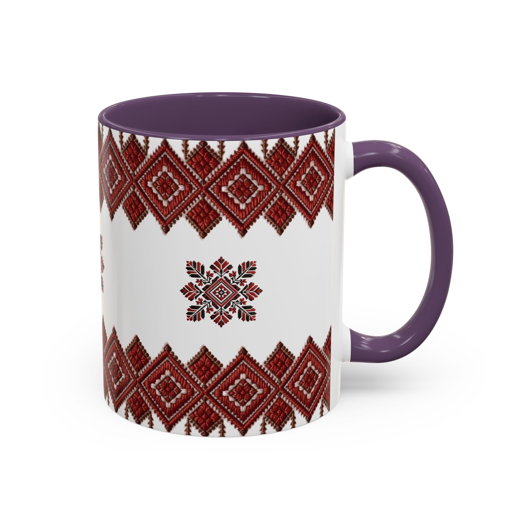 Embroidered Folk Pattern Accent Coffee Mug — Red Ukrainian-Inspired Design (11/15oz)