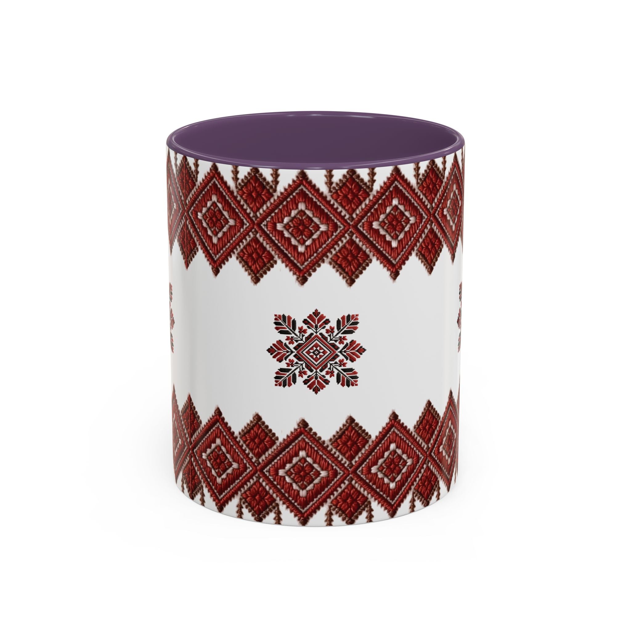 Embroidered Folk Pattern Accent Coffee Mug — Red Ukrainian-Inspired Design (11/15oz)