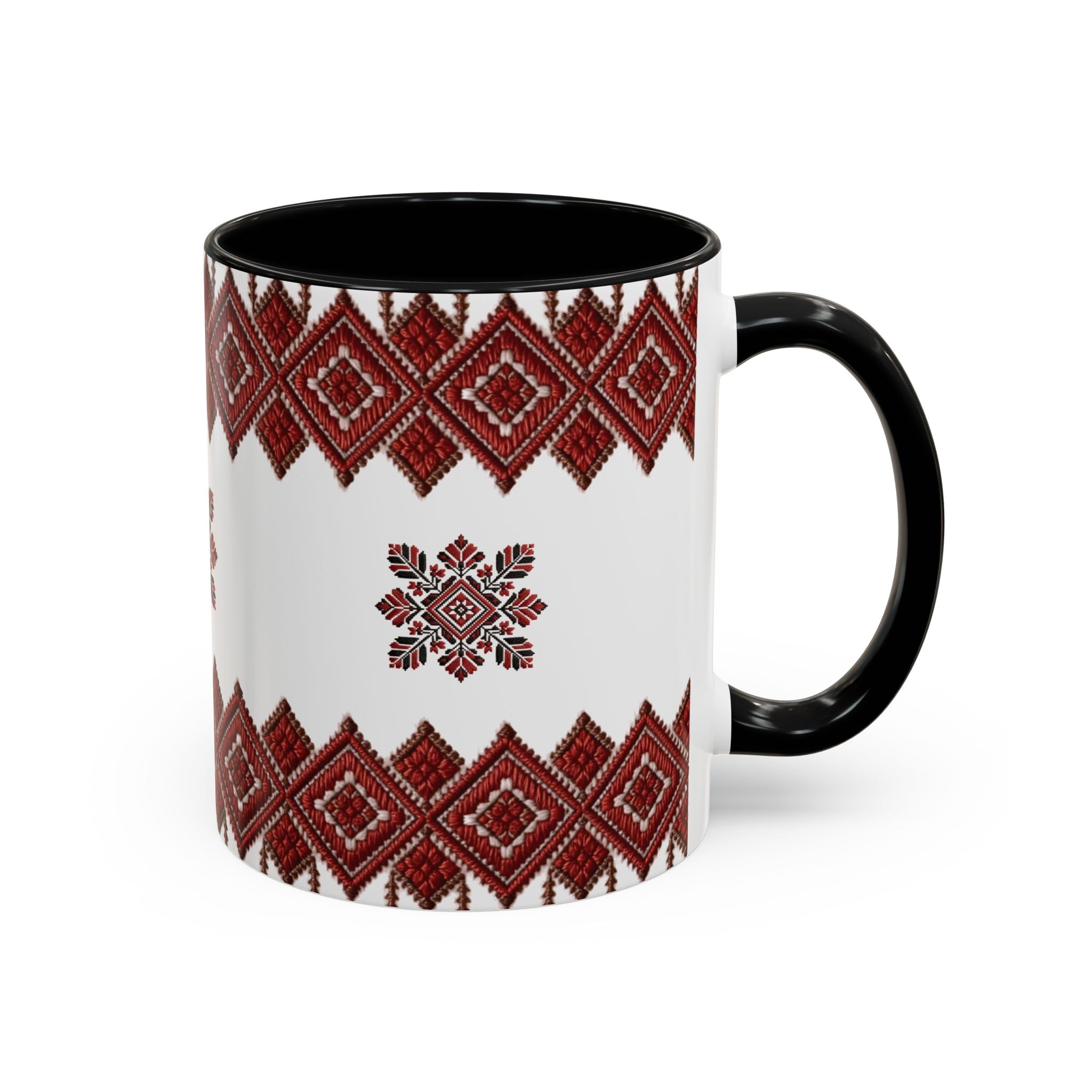 Embroidered Folk Pattern Accent Coffee Mug — Red Ukrainian-Inspired Design (11/15oz)