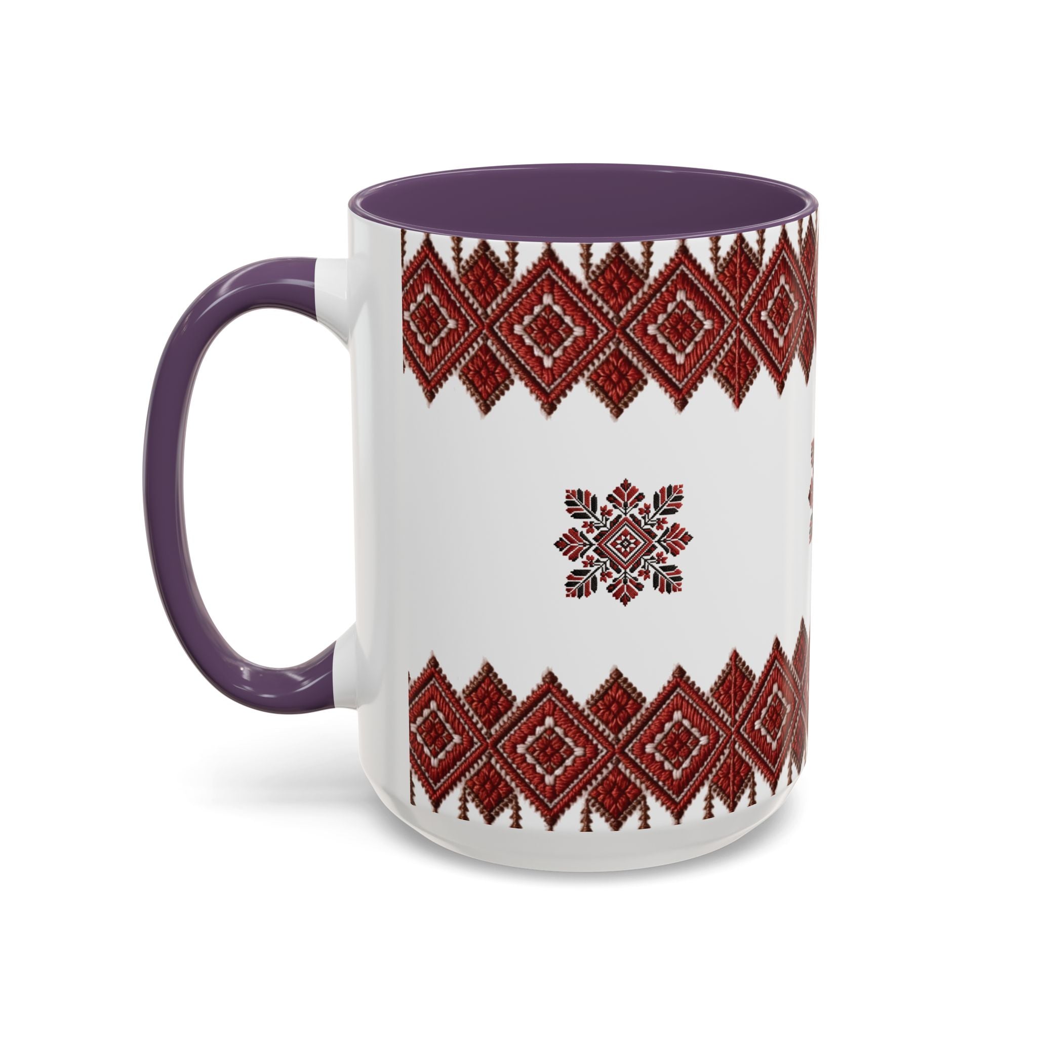 Embroidered Folk Pattern Accent Coffee Mug — Red Ukrainian-Inspired Design (11/15oz)