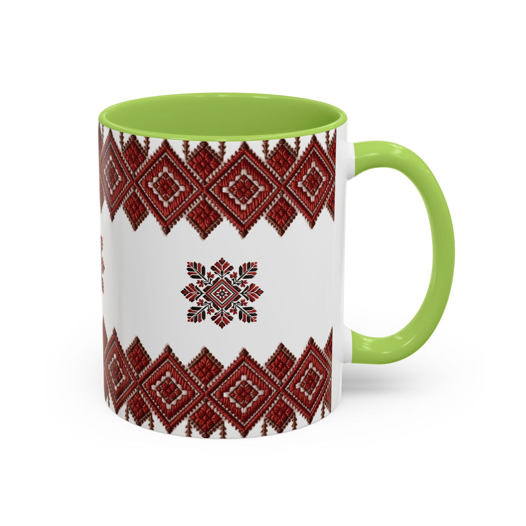 Embroidered Folk Pattern Accent Coffee Mug — Red Ukrainian-Inspired Design (11/15oz)