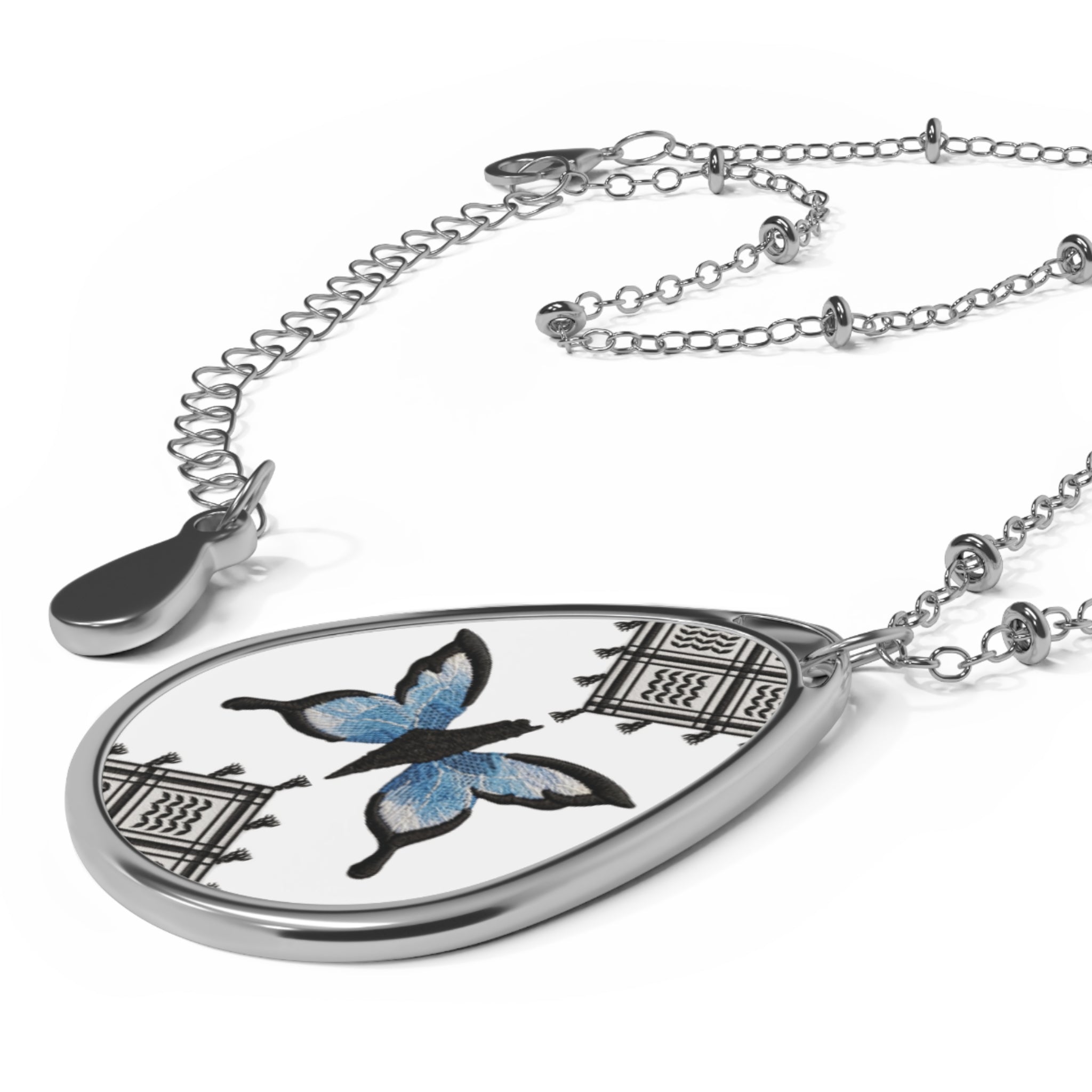 Pali-G || Silberne ovale Schmetterlingskette — Blauer Schmetterling Tropfen-Anhänger Schmuck Geschenk