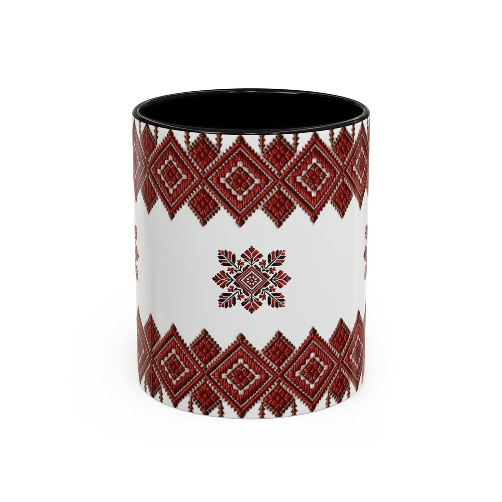 Embroidered Folk Pattern Accent Coffee Mug — Red Ukrainian-Inspired Design (11/15oz)