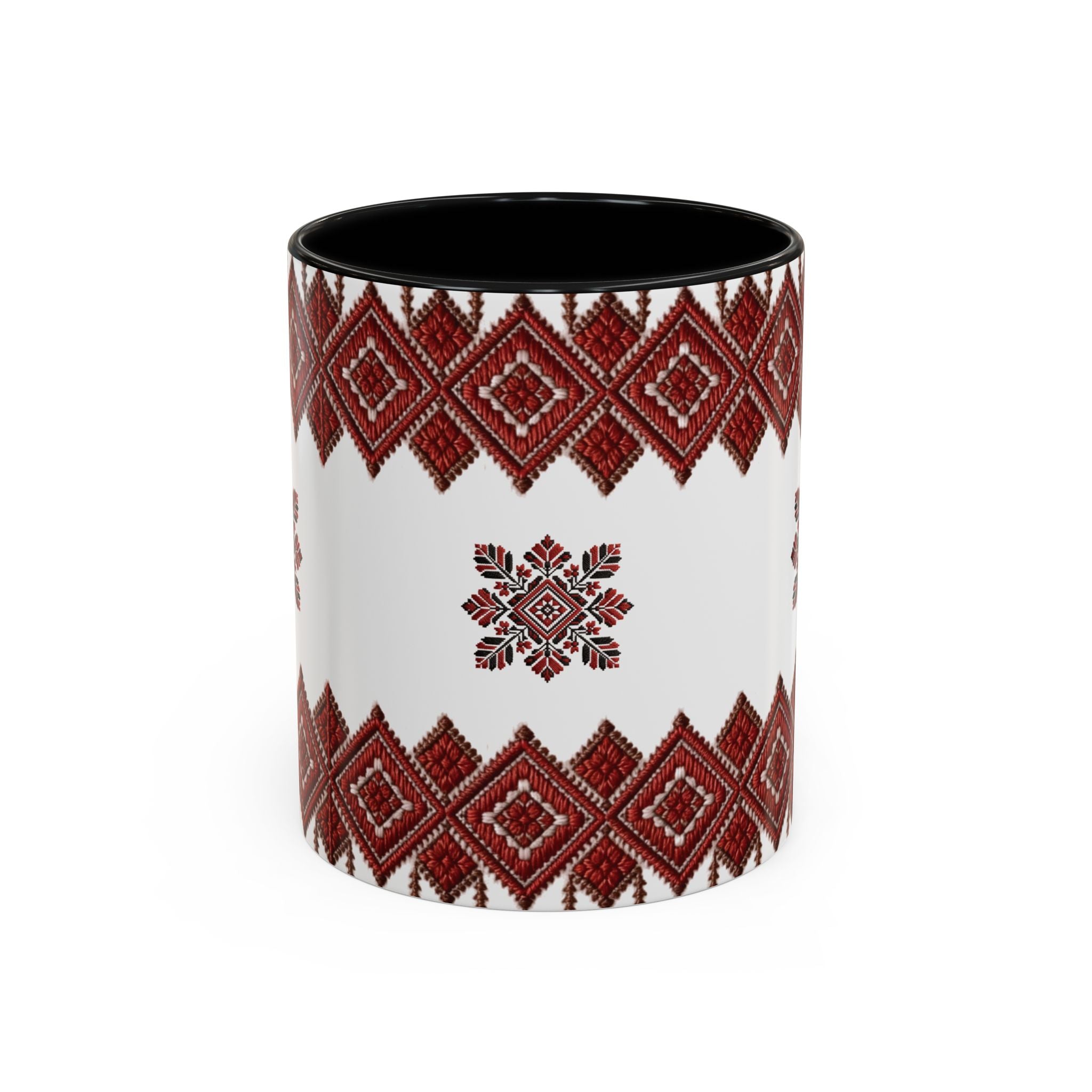 Embroidered Folk Pattern Accent Coffee Mug — Red Ukrainian-Inspired Design (11/15oz)