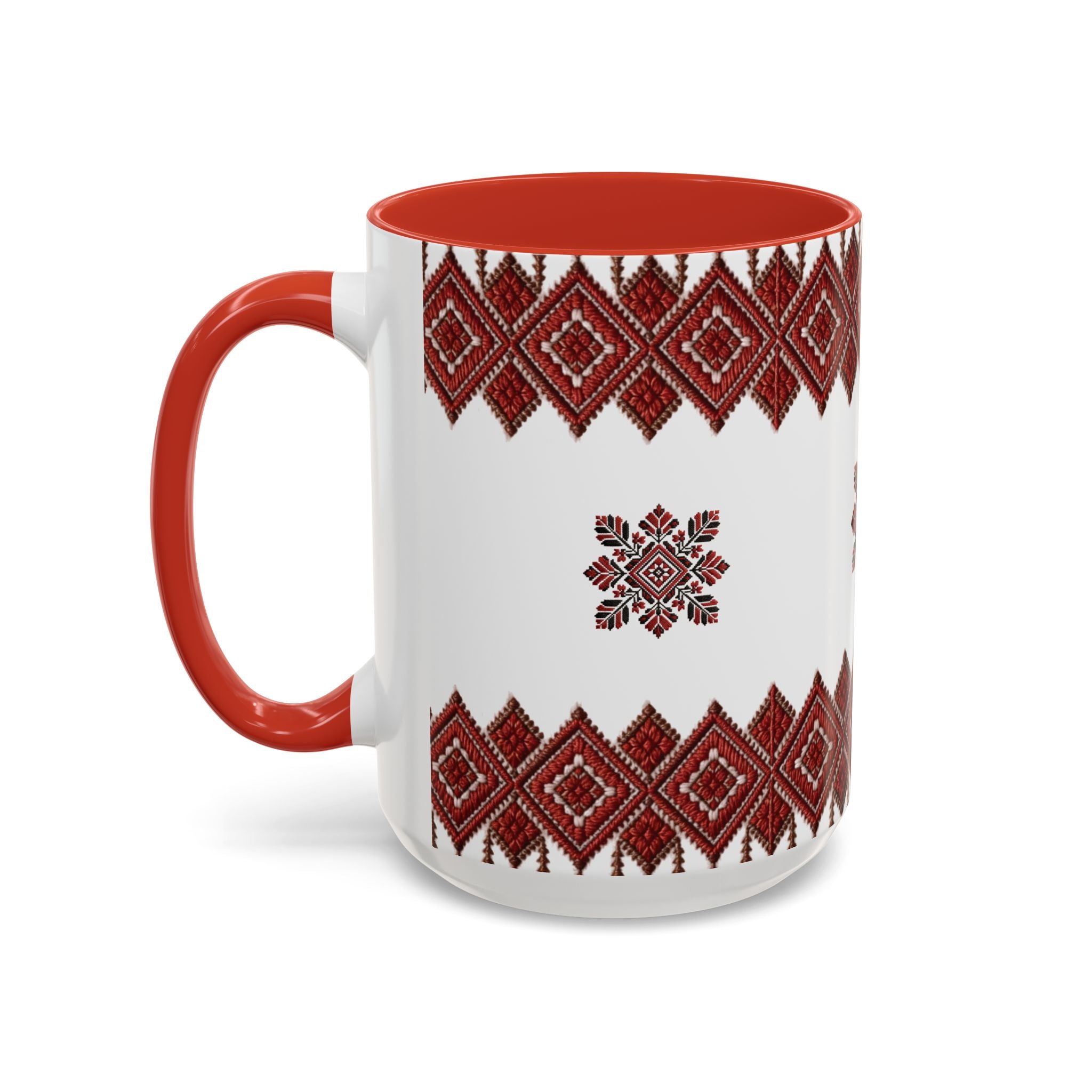 Embroidered Folk Pattern Accent Coffee Mug — Red Ukrainian-Inspired Design (11/15oz)