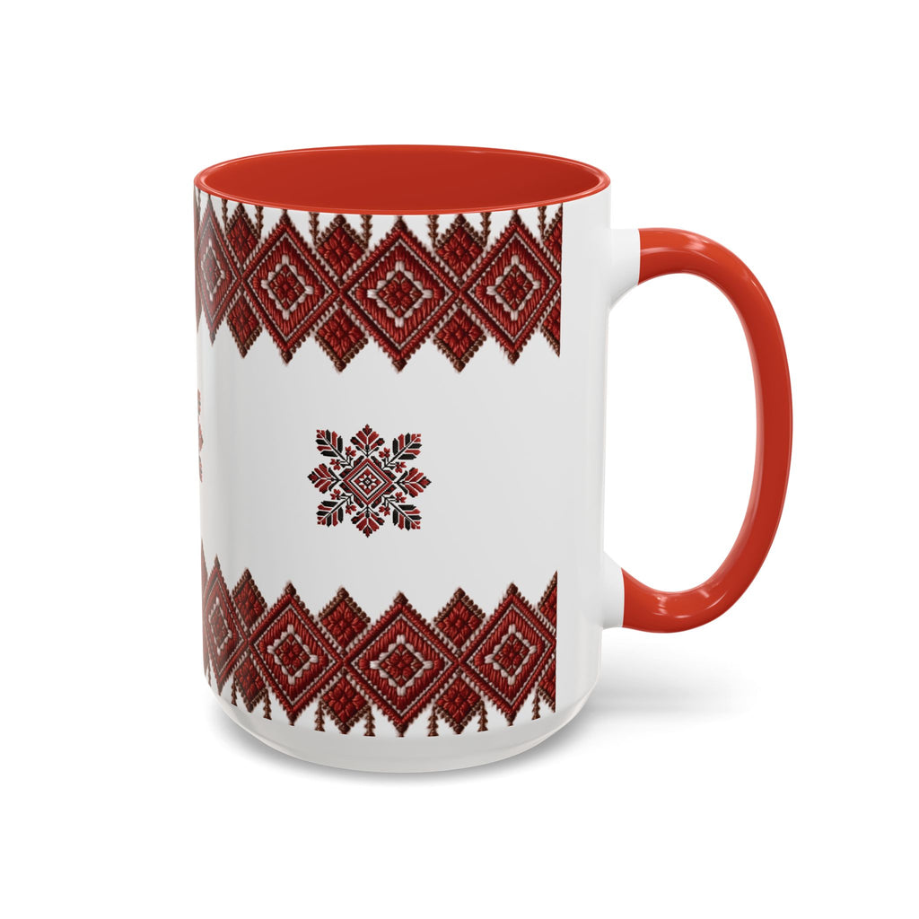 Embroidered Folk Pattern Accent Coffee Mug — Red Ukrainian-Inspired Design (11/15oz)