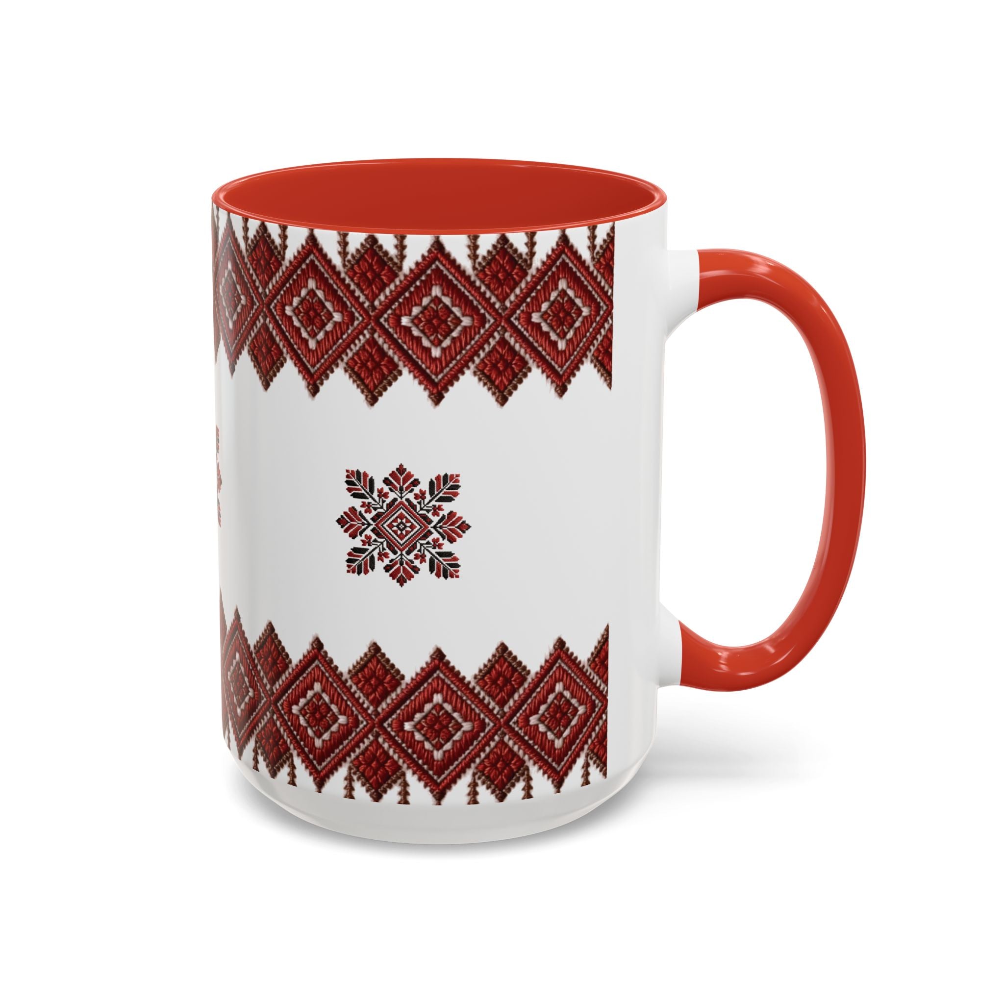 Embroidered Folk Pattern Accent Coffee Mug — Red Ukrainian-Inspired Design (11/15oz)