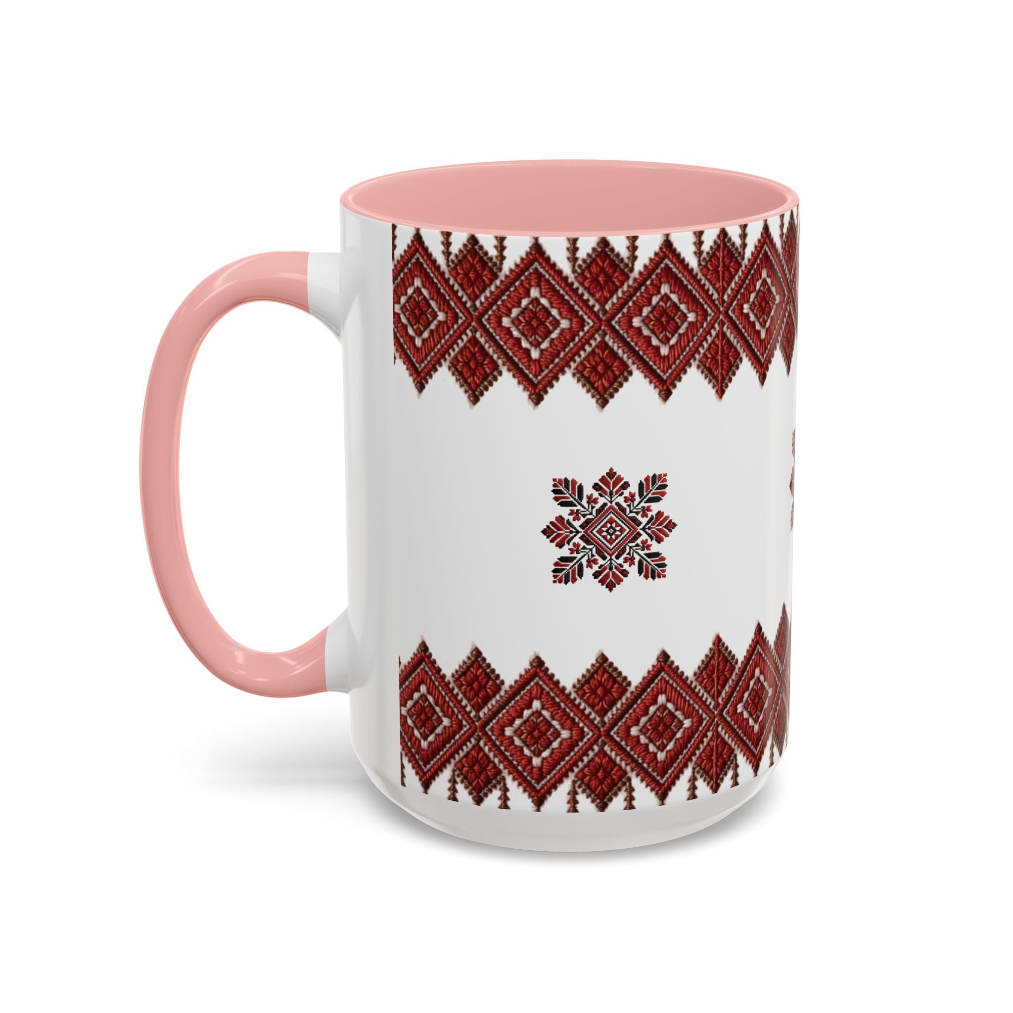 Embroidered Folk Pattern Accent Coffee Mug — Red Ukrainian-Inspired Design (11/15oz)