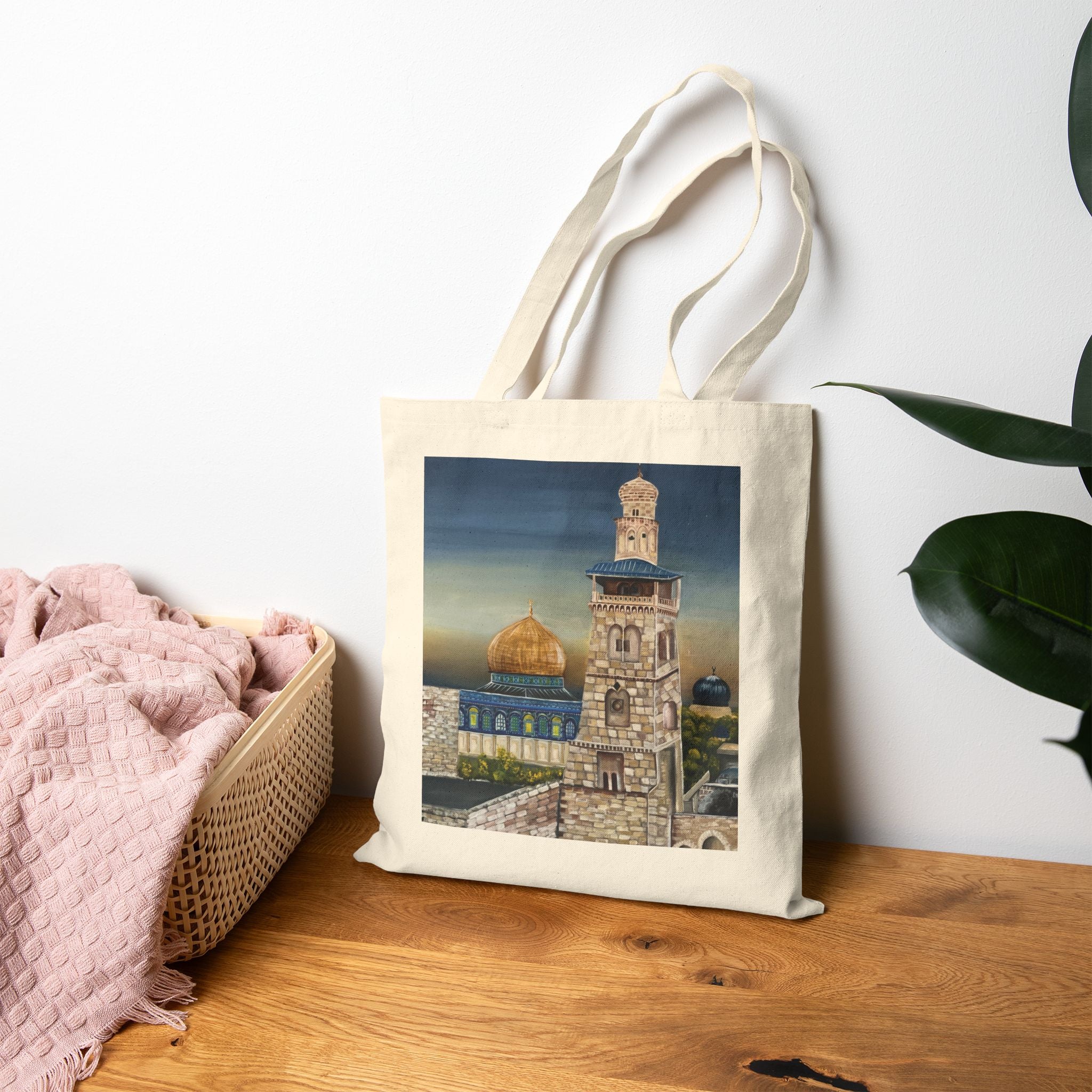 Joud || Canvas Tote Bag – Dome of the Rock & Jerusalem Minaret Tower Vintage Art Print | Old City Skyline | Cultural Heritage Carry Bag