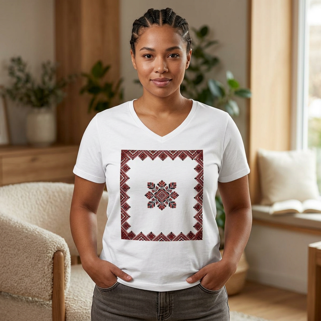 Pali-G | Palestinian Tatreez V-Neck Tee – Traditional Embroidery Art Print | Women's Cultural Heritage T-Shirt | Tatreez Fashion
