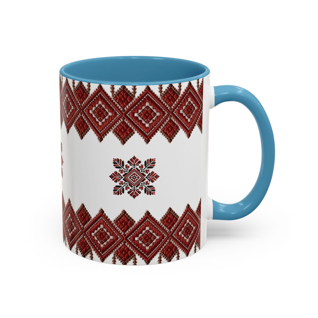 Embroidered Folk Pattern Accent Coffee Mug — Red Ukrainian-Inspired Design (11/15oz)