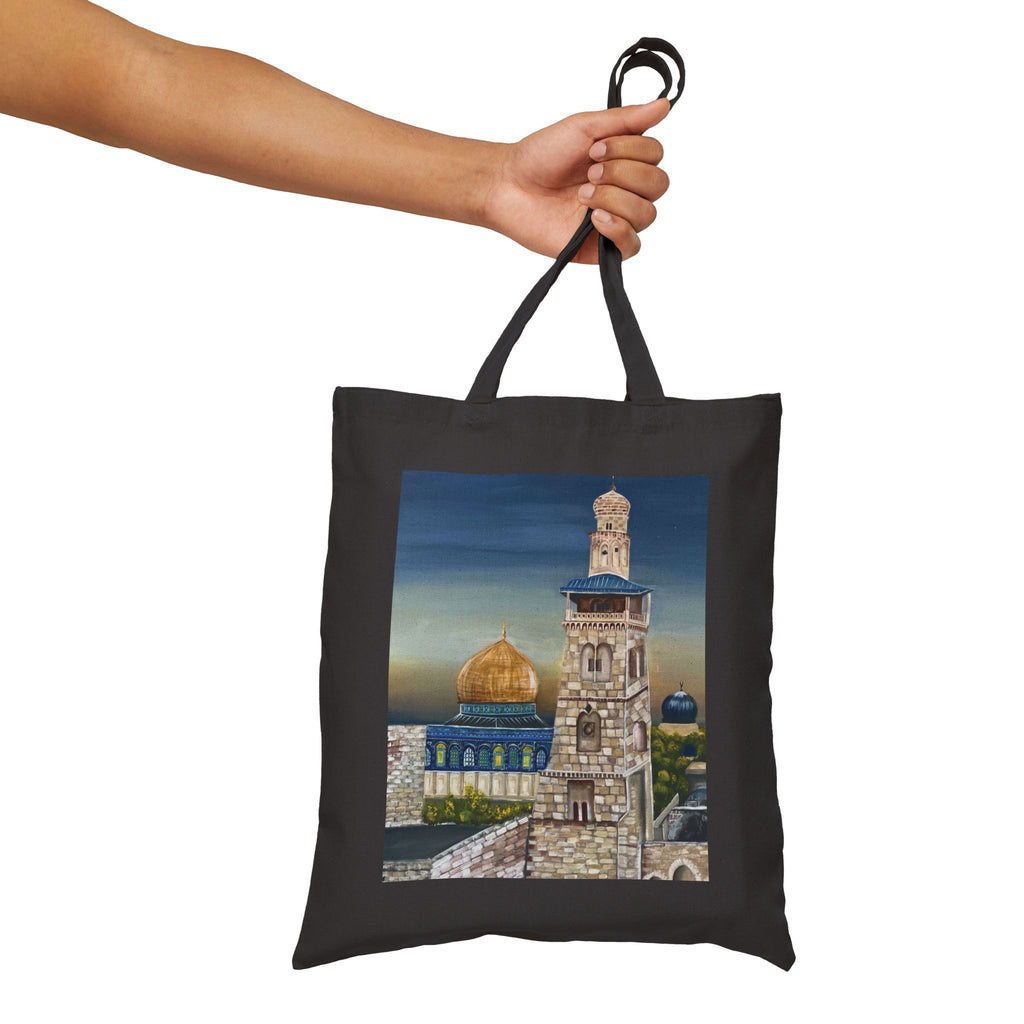 Joud || Canvas Tote Bag – Dome of the Rock & Jerusalem Minaret Tower Vintage Art Print | Old City Skyline | Cultural Heritage Carry Bag