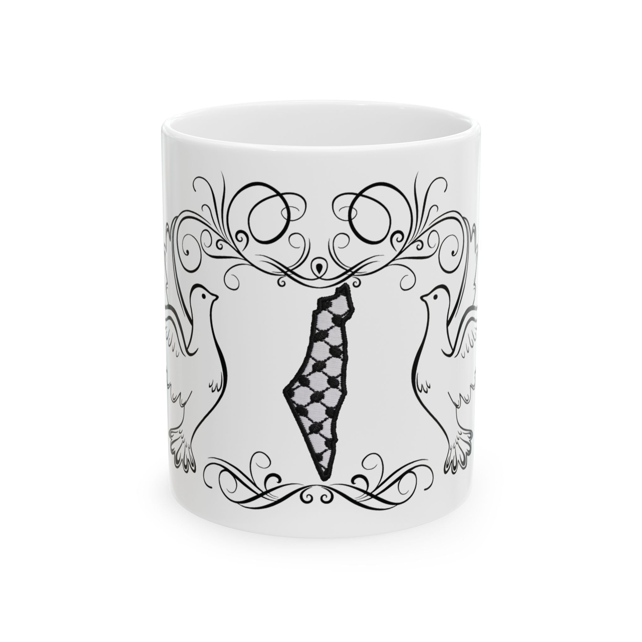 Palestine Map Doves Ceramic Mug (11oz/15oz) — Hand‑drawn Olive Branch Design
