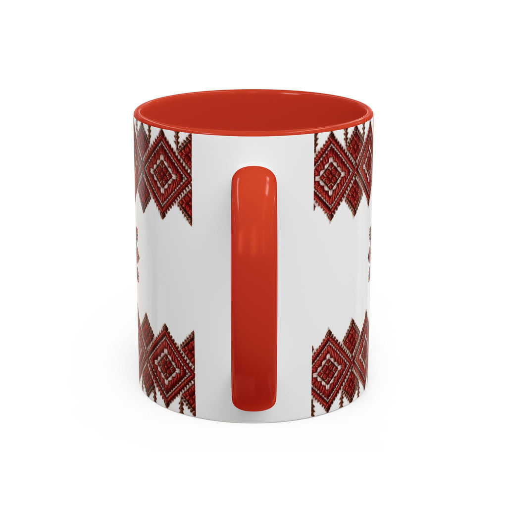 Embroidered Folk Pattern Accent Coffee Mug — Red Ukrainian-Inspired Design (11/15oz)