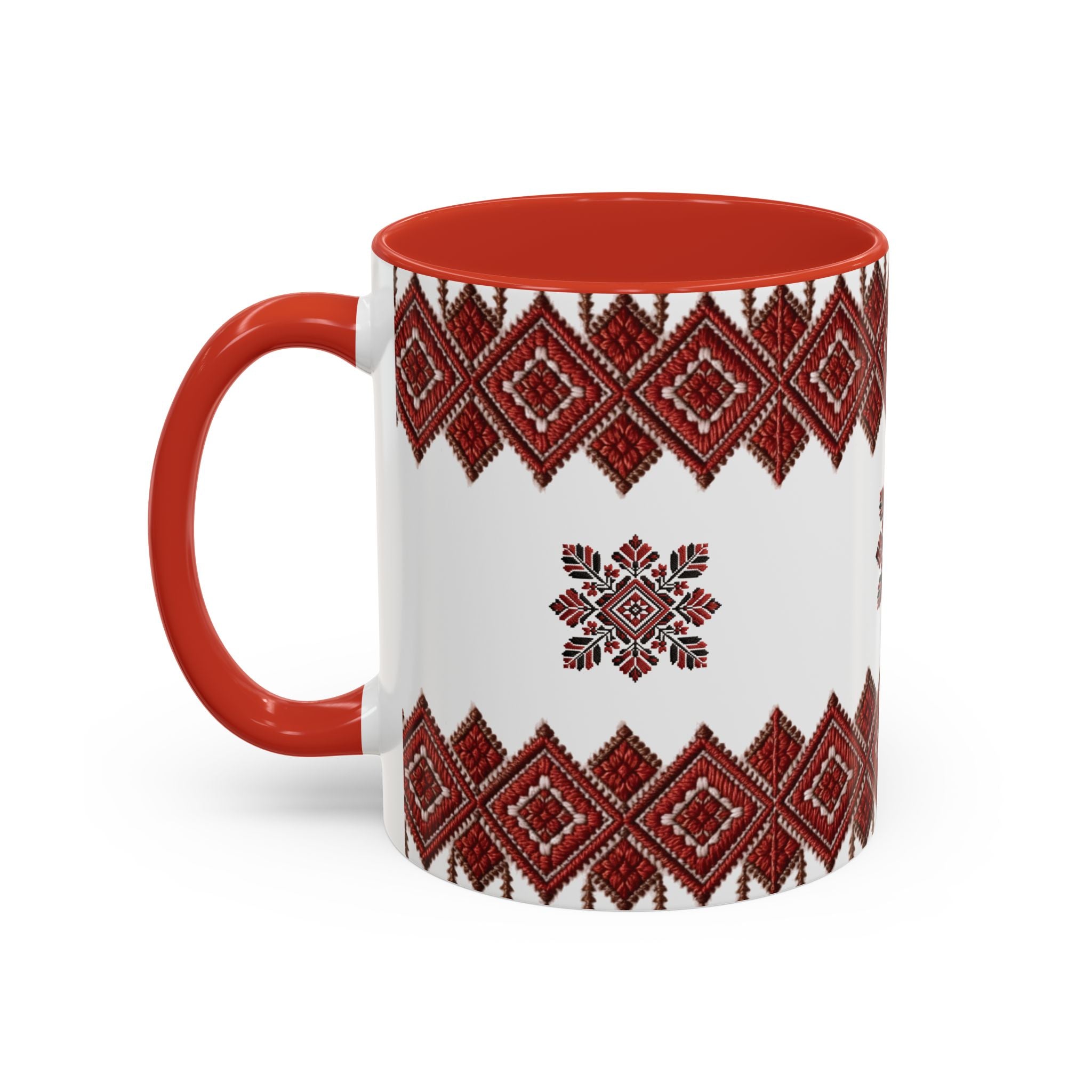 Embroidered Folk Pattern Accent Coffee Mug — Red Ukrainian-Inspired Design (11/15oz)