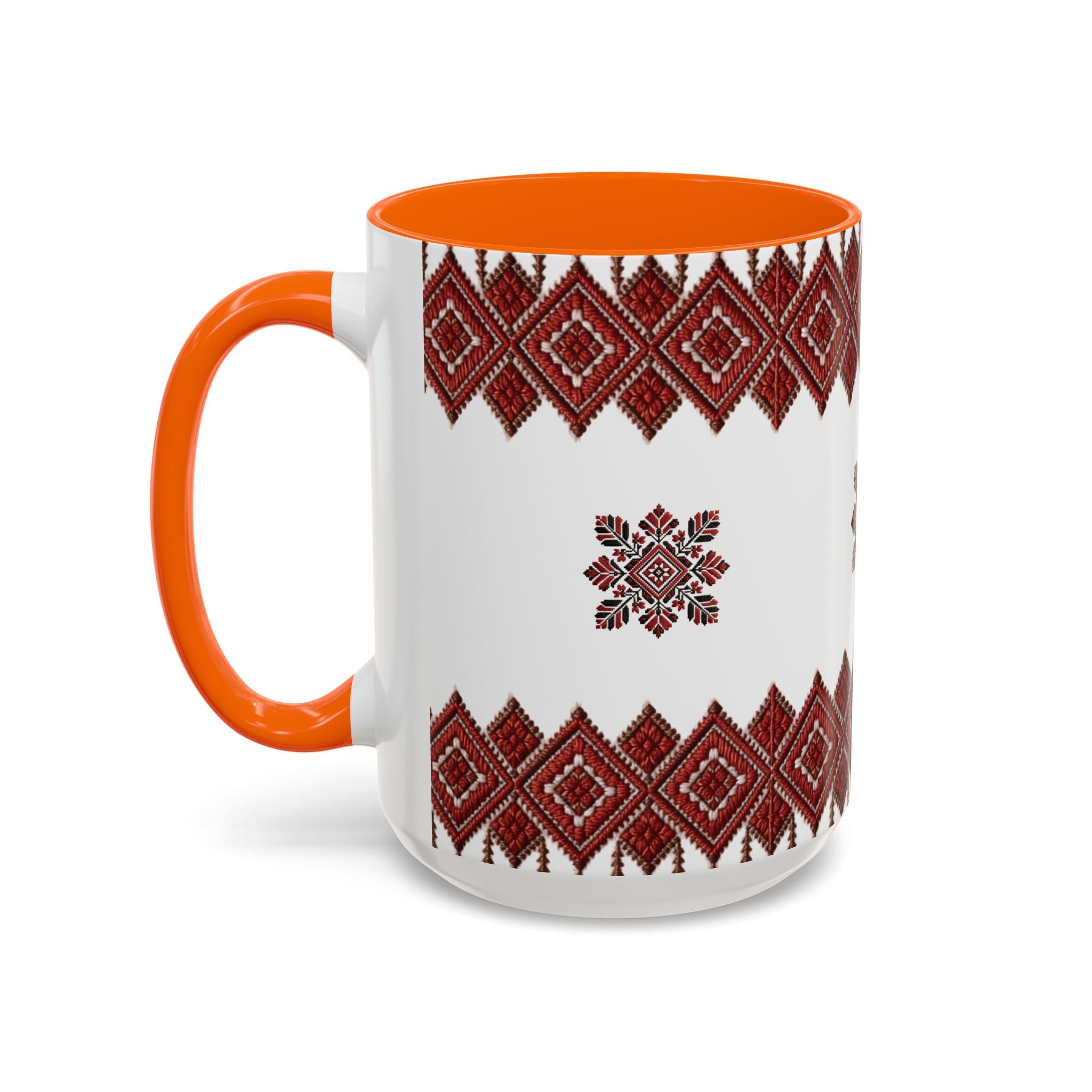 Embroidered Folk Pattern Accent Coffee Mug — Red Ukrainian-Inspired Design (11/15oz)