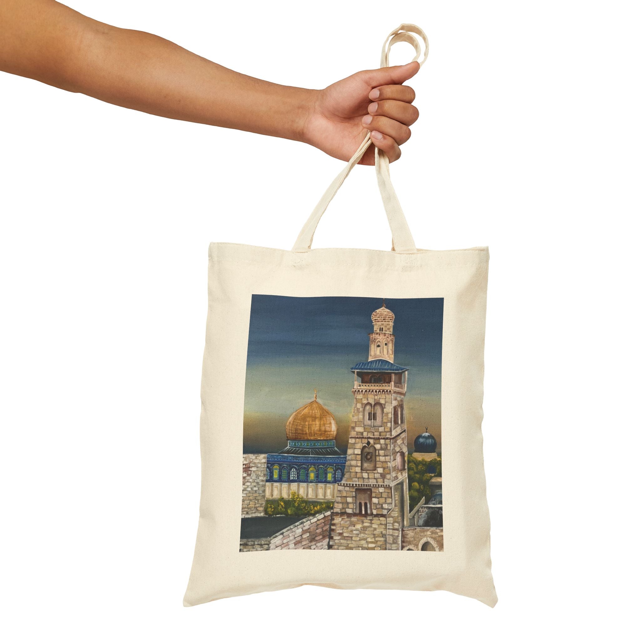 Joud || Canvas Tote Bag – Dome of the Rock & Jerusalem Minaret Tower Vintage Art Print | Old City Skyline | Cultural Heritage Carry Bag