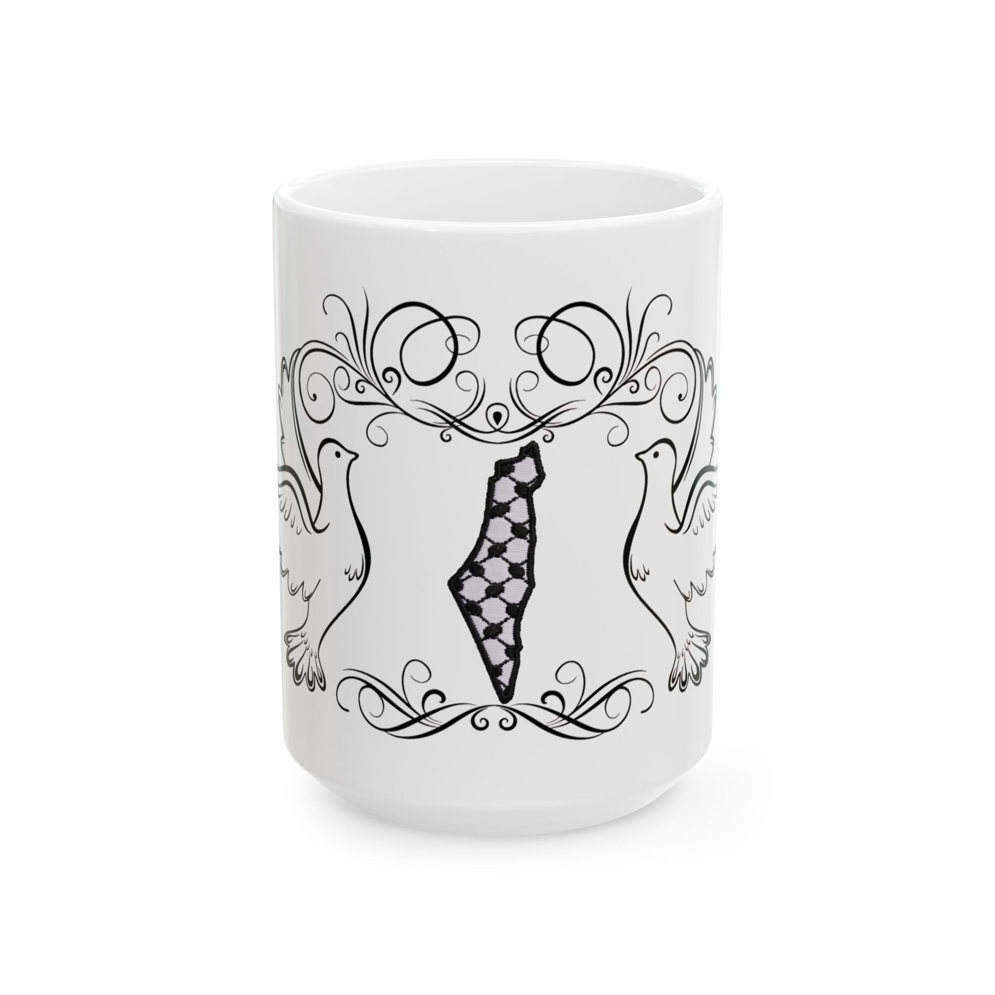Palestine Map Doves Ceramic Mug (11oz/15oz) — Hand‑drawn Olive Branch Design