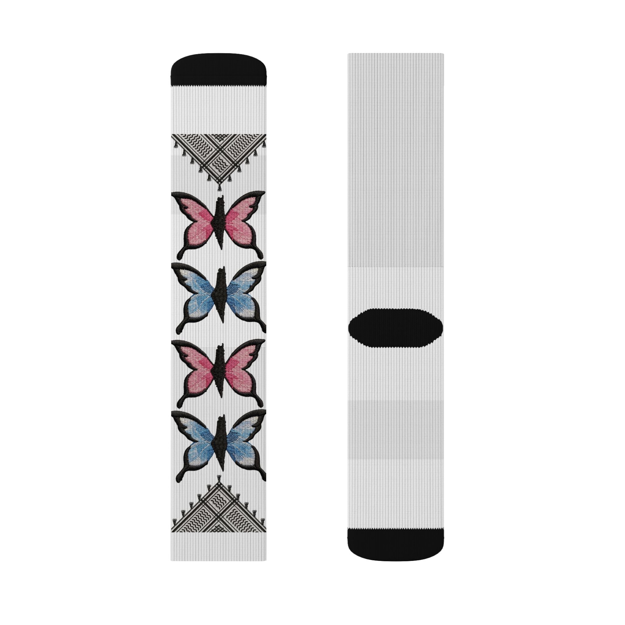 Pali-G | Palestinian Butterfly & Keffiyeh Socks – Colorful Freedom Art Print | Unisex Crew Socks | Cultural Heritage