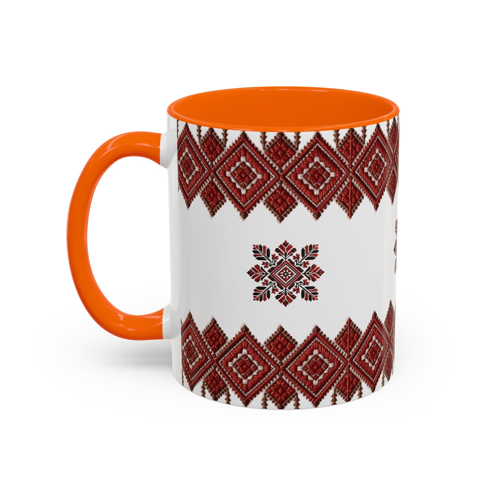 Embroidered Folk Pattern Accent Coffee Mug — Red Ukrainian-Inspired Design (11/15oz)